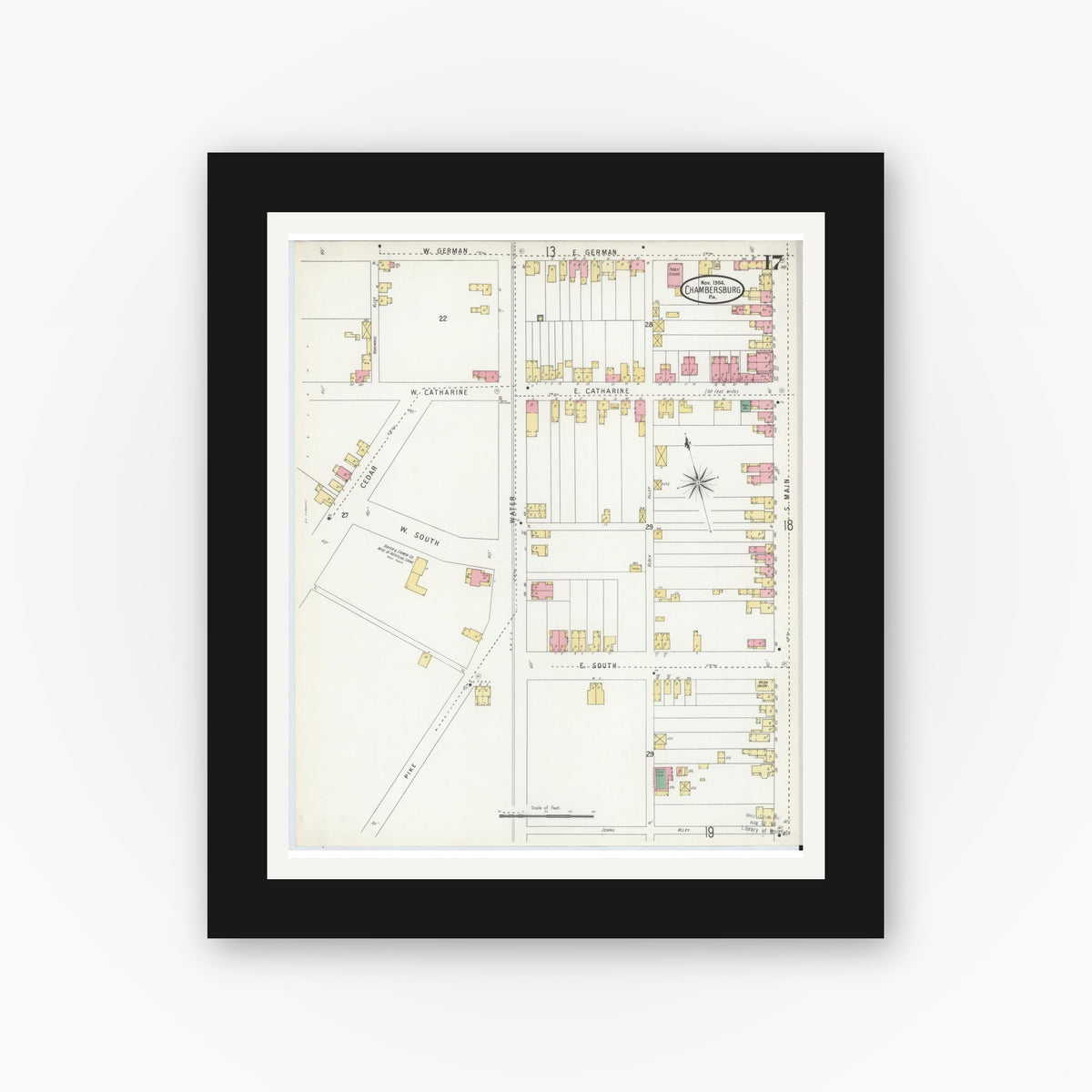 Old map wall art mockup — black gallery frame with white mat — Sanborn Fire Insurance Map from Chambersburg, Franklin County, Pennsylvania (1904), Sheet #0017