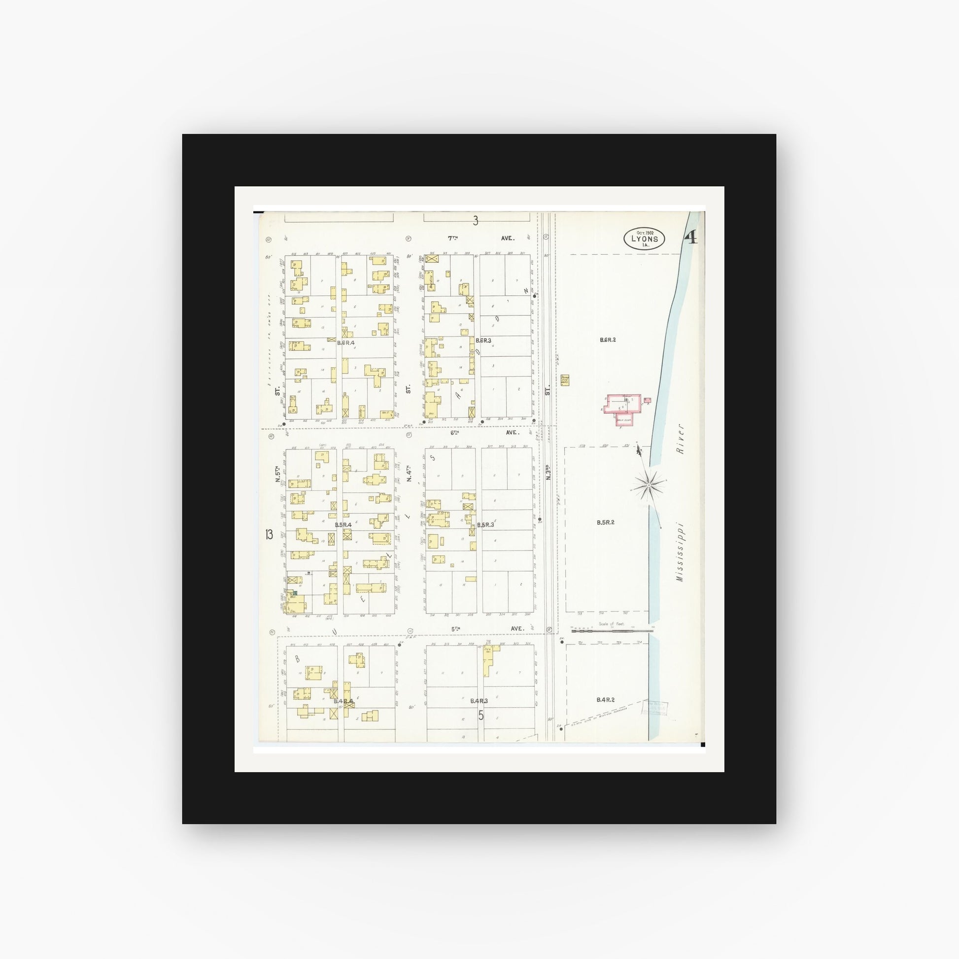 Old map wall art mockup — black gallery frame with white mat — Sanborn Fire Insurance Map from Lyons, Clinton County, Iowa (1902), Sheet #0004