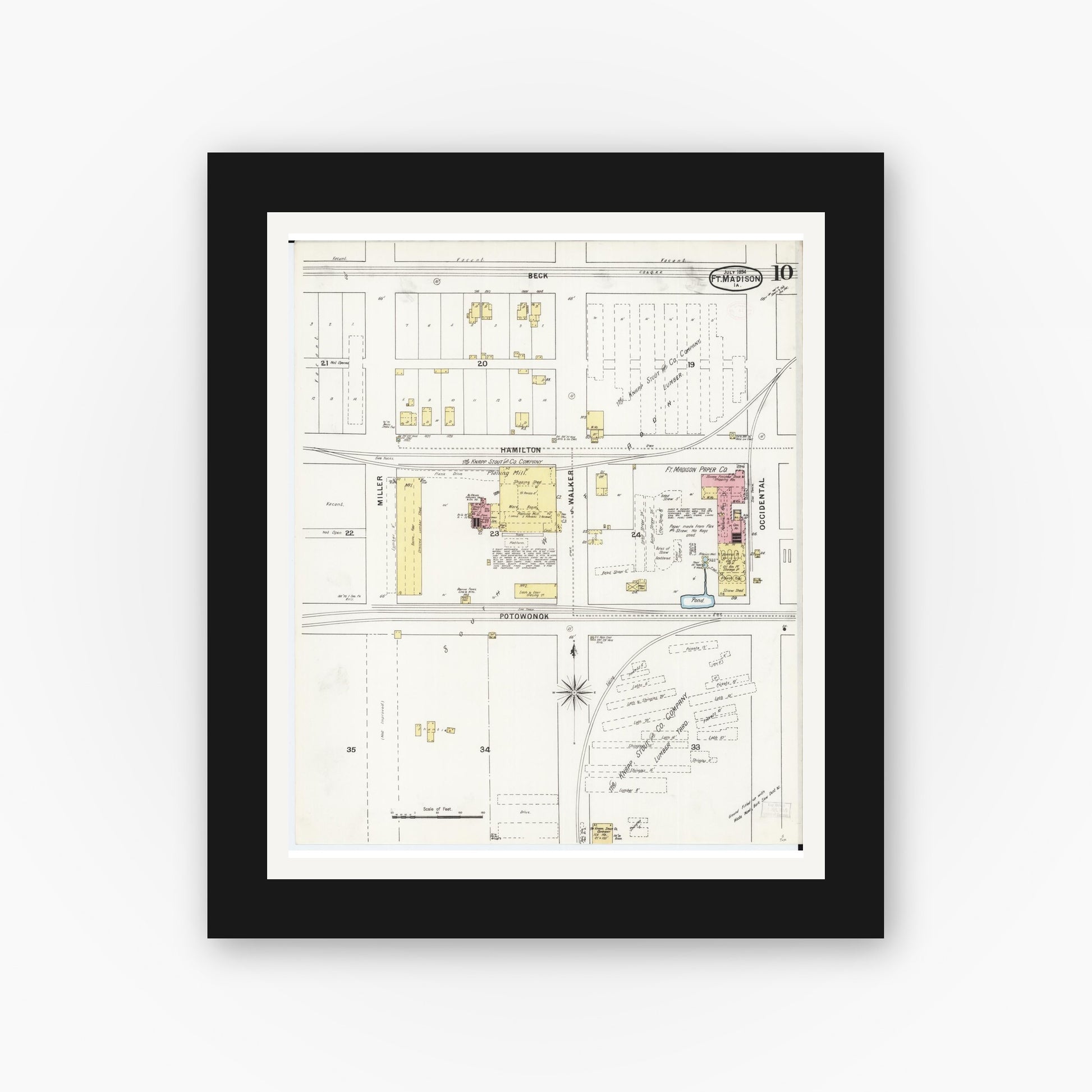 Old map wall art mockup — black gallery frame with white mat — Sanborn Fire Insurance Map from Fort Madison, Lee County, Iowa (1894), Sheet #0010