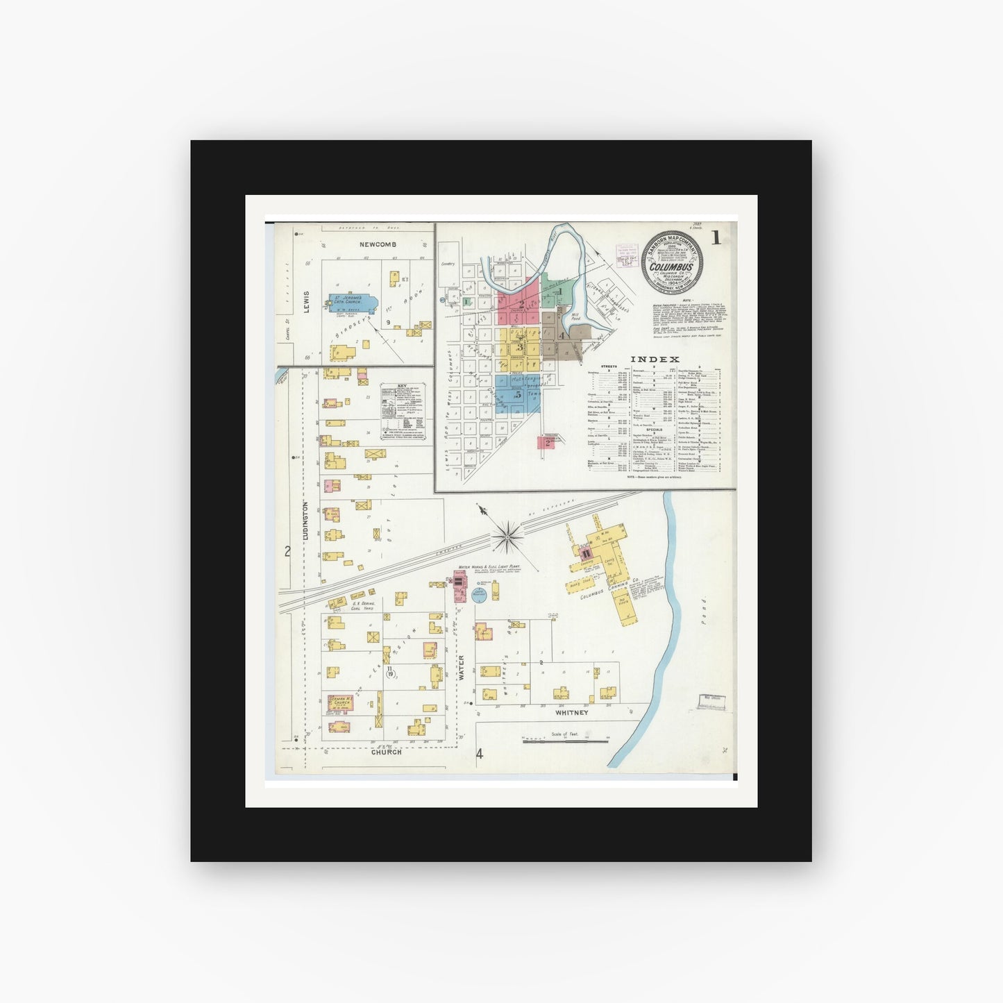 Old map wall art mockup — black gallery frame with white mat — Sanborn Fire Insurance Map from Columbus, Columbia and Dodge County, Wisconsin (1904), Sheet #0001