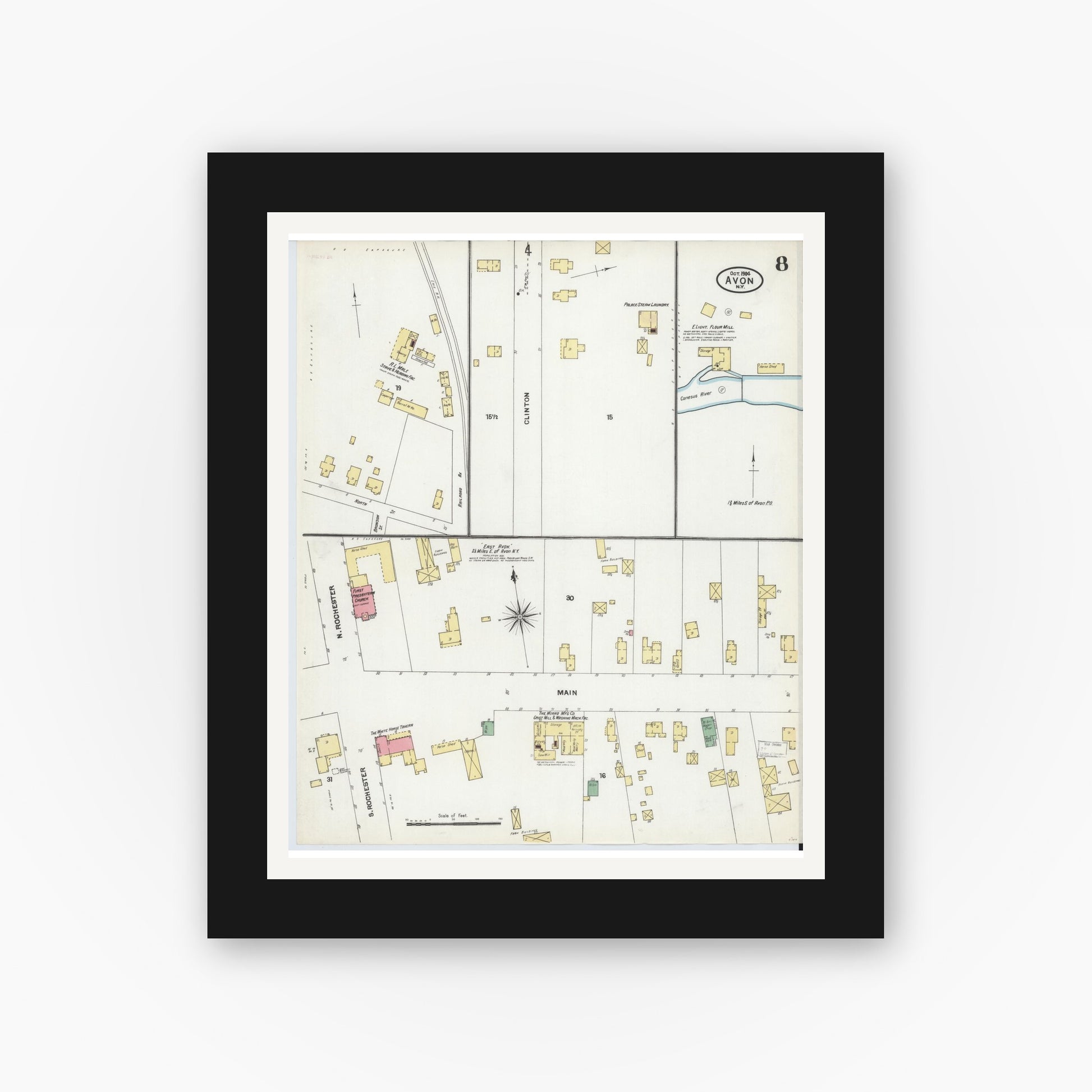 Old map wall art mockup — black gallery frame with white mat — Sanborn Fire Insurance Map from Avon, Livingston County, New York (1904), Sheet #0008
