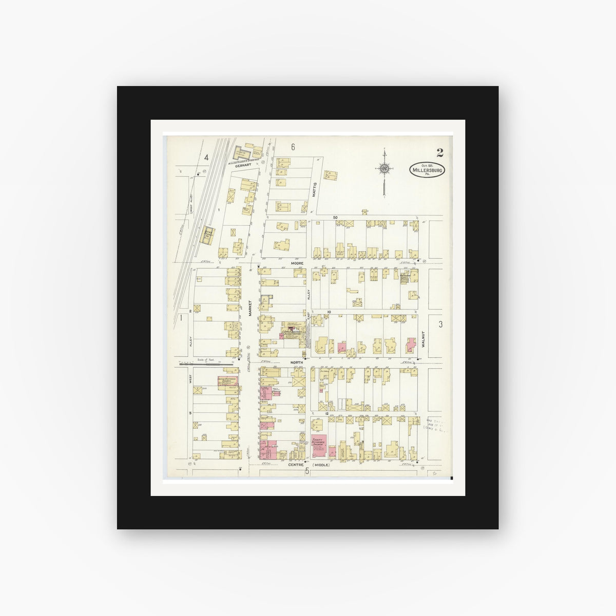Old map wall art mockup — black gallery frame with white mat — Sanborn Fire Insurance Map from Millersburg, Dauphin County, Pennsylvania (1911), Sheet #0002