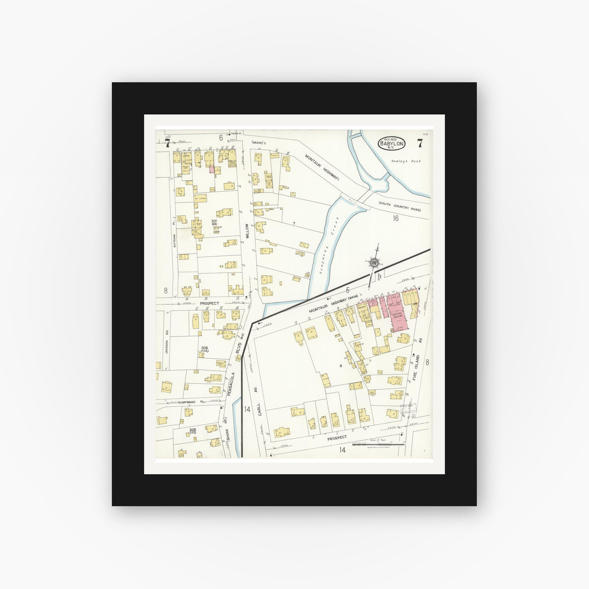 Old map wall art mockup — black gallery frame with white mat — Sanborn Fire Insurance Map from Babylon, Suffolk County, New York (1923), Sheet #0007