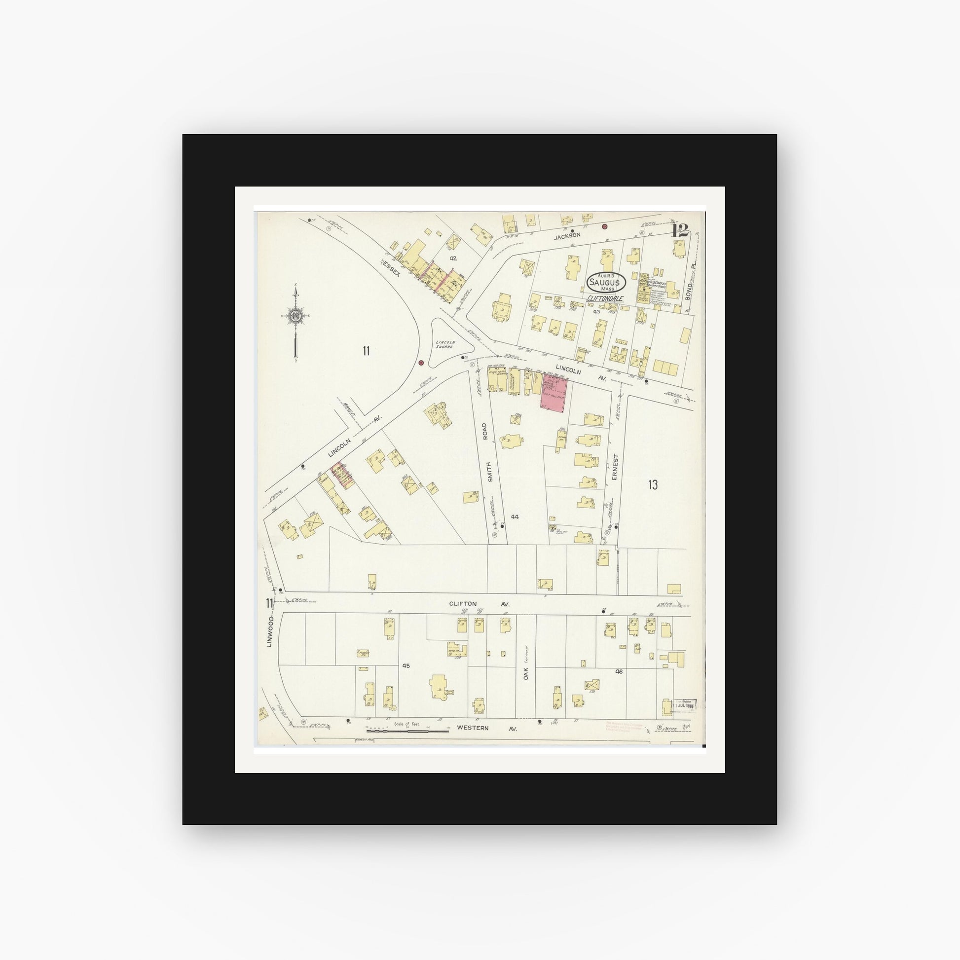 Old map wall art mockup — black gallery frame with white mat — Sanborn Fire Insurance Map from Saugus, Essex County, Massachusetts (1913), Sheet #0012