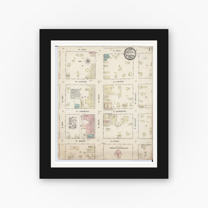 Old map wall art mockup — black gallery frame with white mat — Sanborn Fire Insurance Map from Stanton, Montcalm County, Michigan (1884) - Complete Map Set