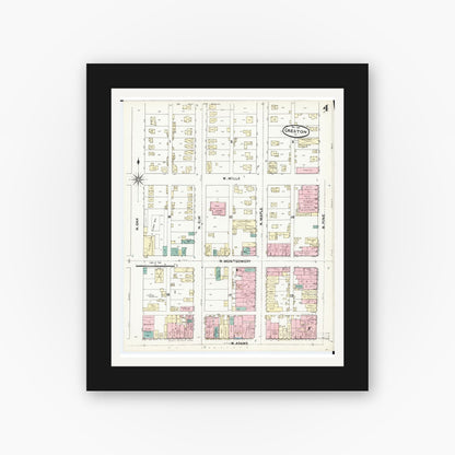 Old map wall art mockup — black gallery frame with white mat — Sanborn Fire Insurance Map from Creston, Union County, Iowa (1891), Sheet #0004