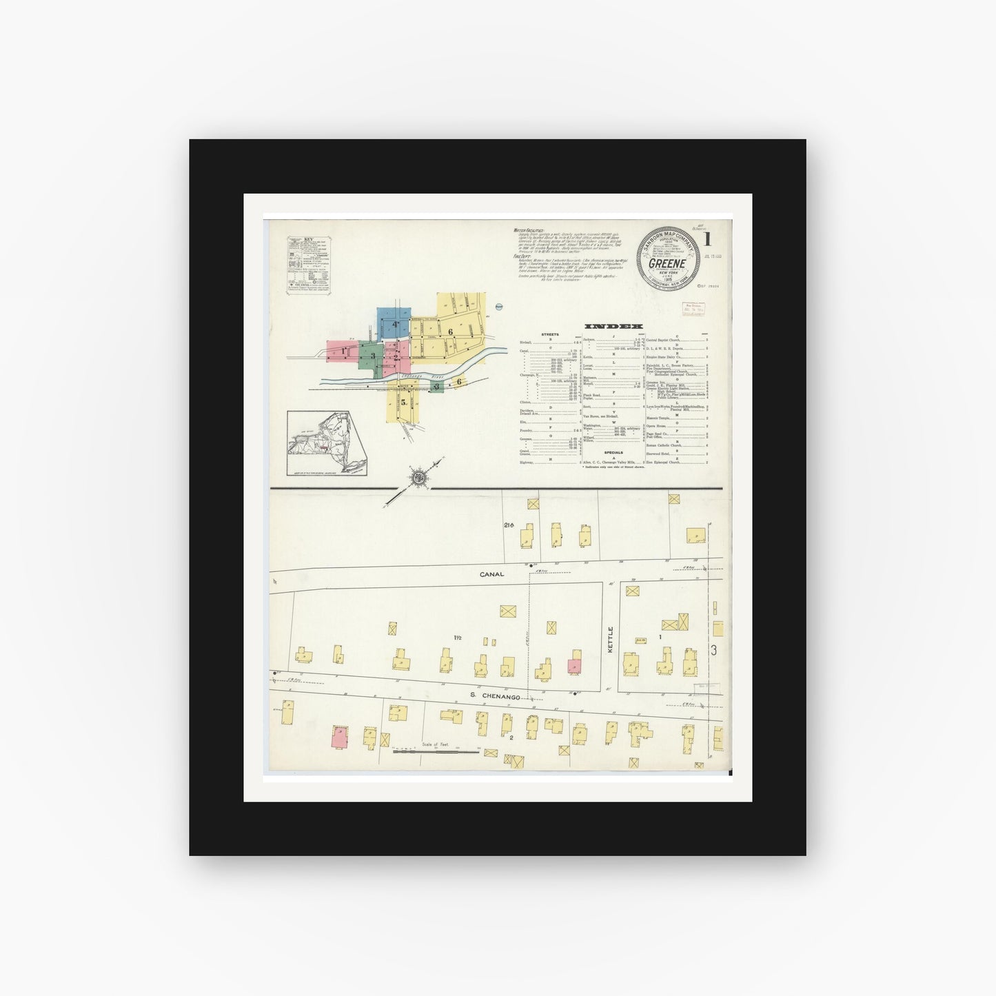 Old map wall art mockup — black gallery frame with white mat — Sanborn Fire Insurance Map from Greene, Chenango County, New York (1915), Sheet #0001