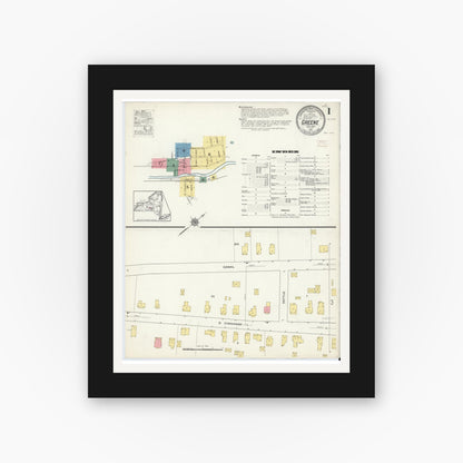 Old map wall art mockup — black gallery frame with white mat — Sanborn Fire Insurance Map from Greene, Chenango County, New York (1915), Sheet #0001