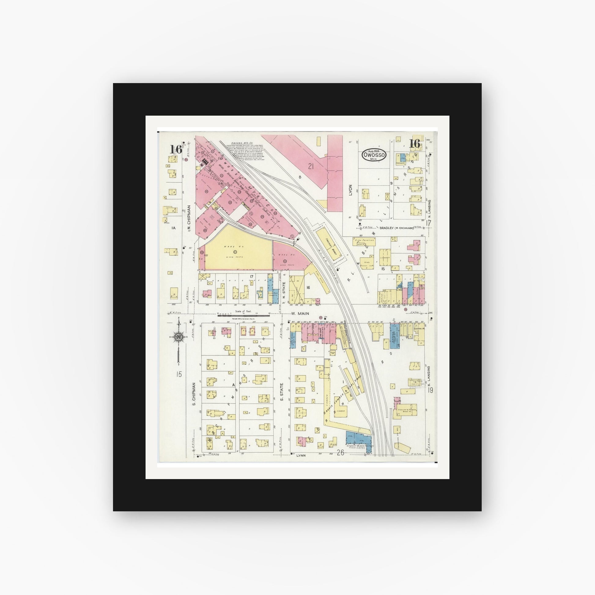 Old map wall art mockup — black gallery frame with white mat — Sanborn Fire Insurance Map from Owosso, Shiawassee County, Michigan (1924), Sheet #0016