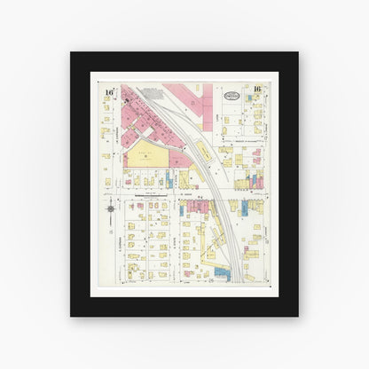 Old map wall art mockup — black gallery frame with white mat — Sanborn Fire Insurance Map from Owosso, Shiawassee County, Michigan (1924), Sheet #0016