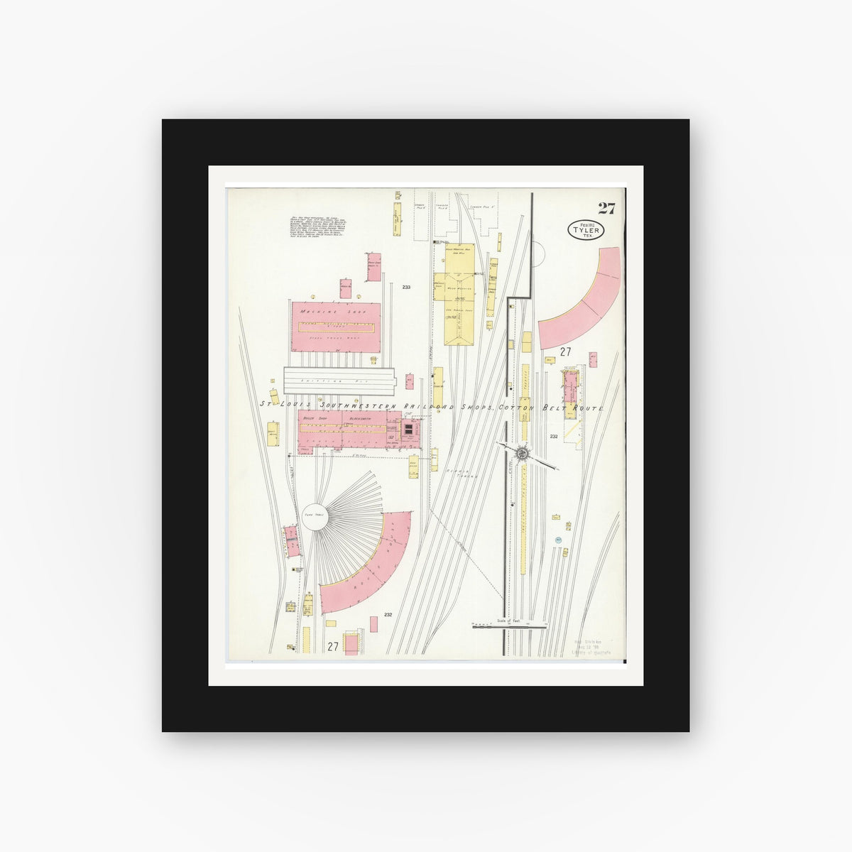 Old map wall art mockup — black gallery frame with white mat — Sanborn Fire Insurance Map from Tyler, Smith County, Texas (1912), Sheet #0027