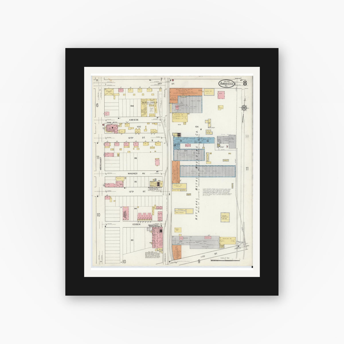 Old map wall art mockup — black gallery frame with white mat — Sanborn Fire Insurance Map from Ambridge, Beaver County, Pennsylvania (1917), Sheet #0008