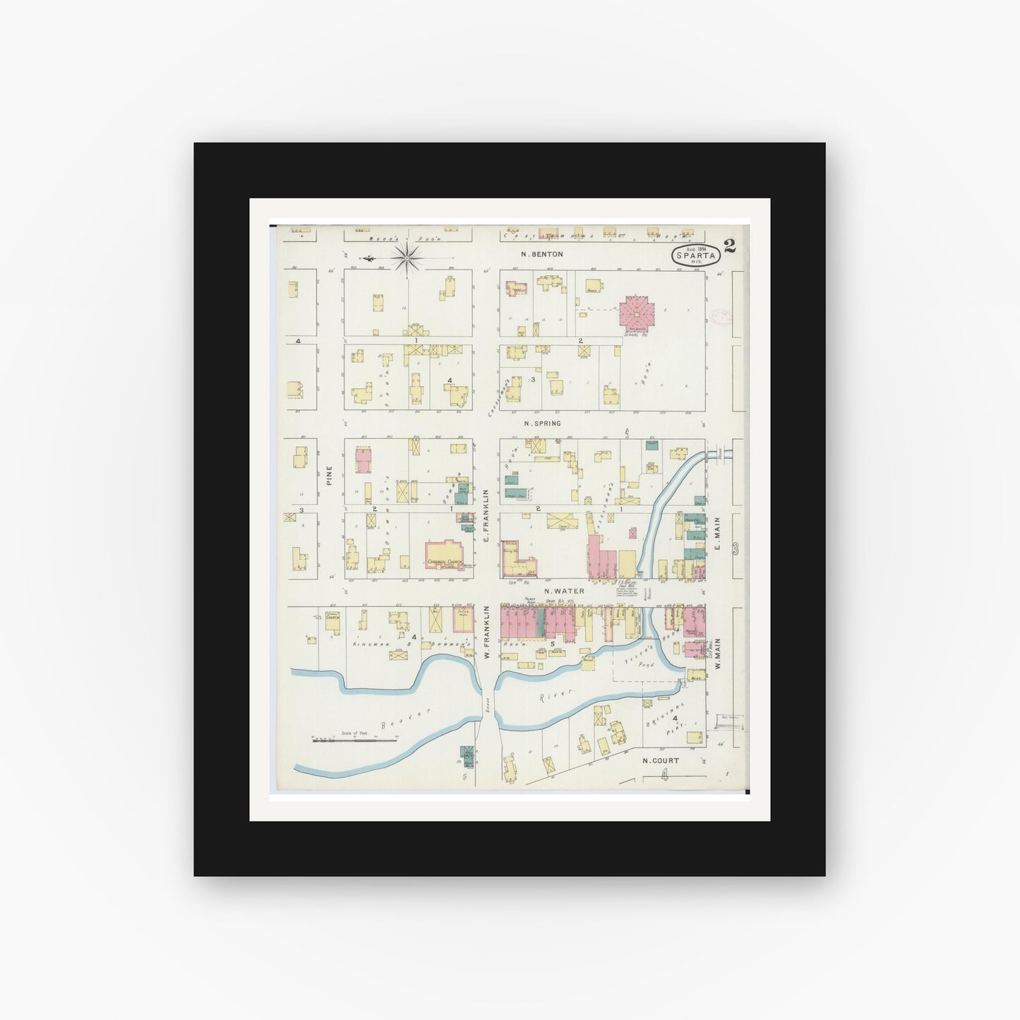 Old map wall art mockup — black gallery frame with white mat — Sanborn Fire Insurance Map from Sparta, Monroe County, Wisconsin (1894), Sheet #0002