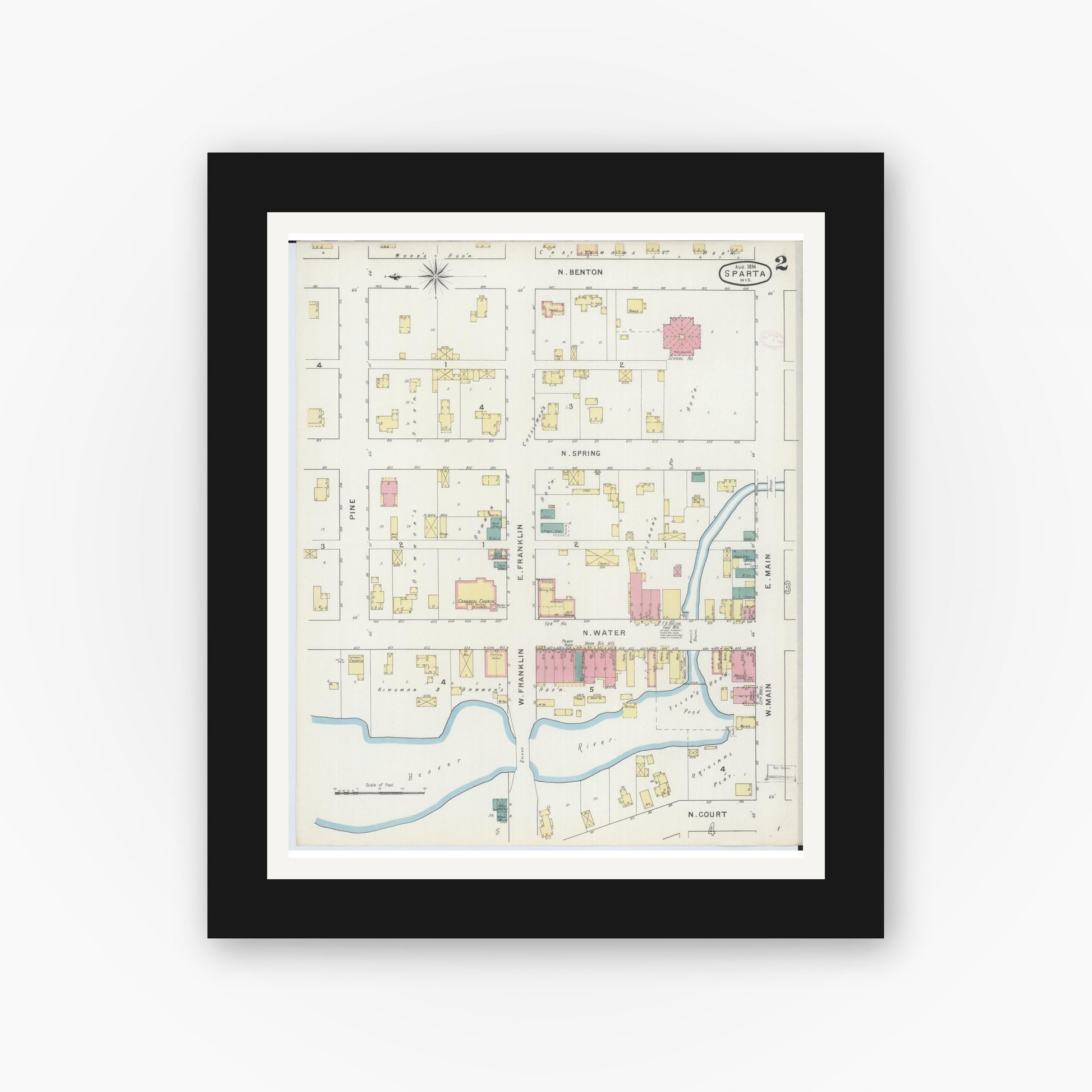 Old map wall art mockup — black gallery frame with white mat — Sanborn Fire Insurance Map from Sparta, Monroe County, Wisconsin (1894), Sheet #0002