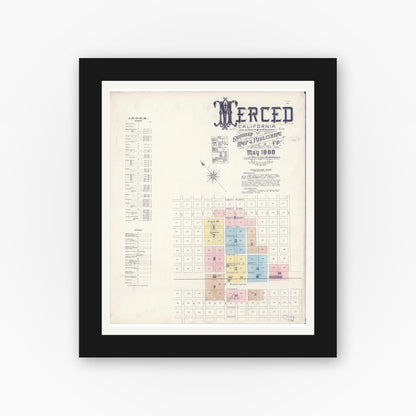 Old map wall art mockup — black gallery frame with white mat — Sanborn Fire Insurance Map from Merced, Merced County, California (1888) - Complete Map Set