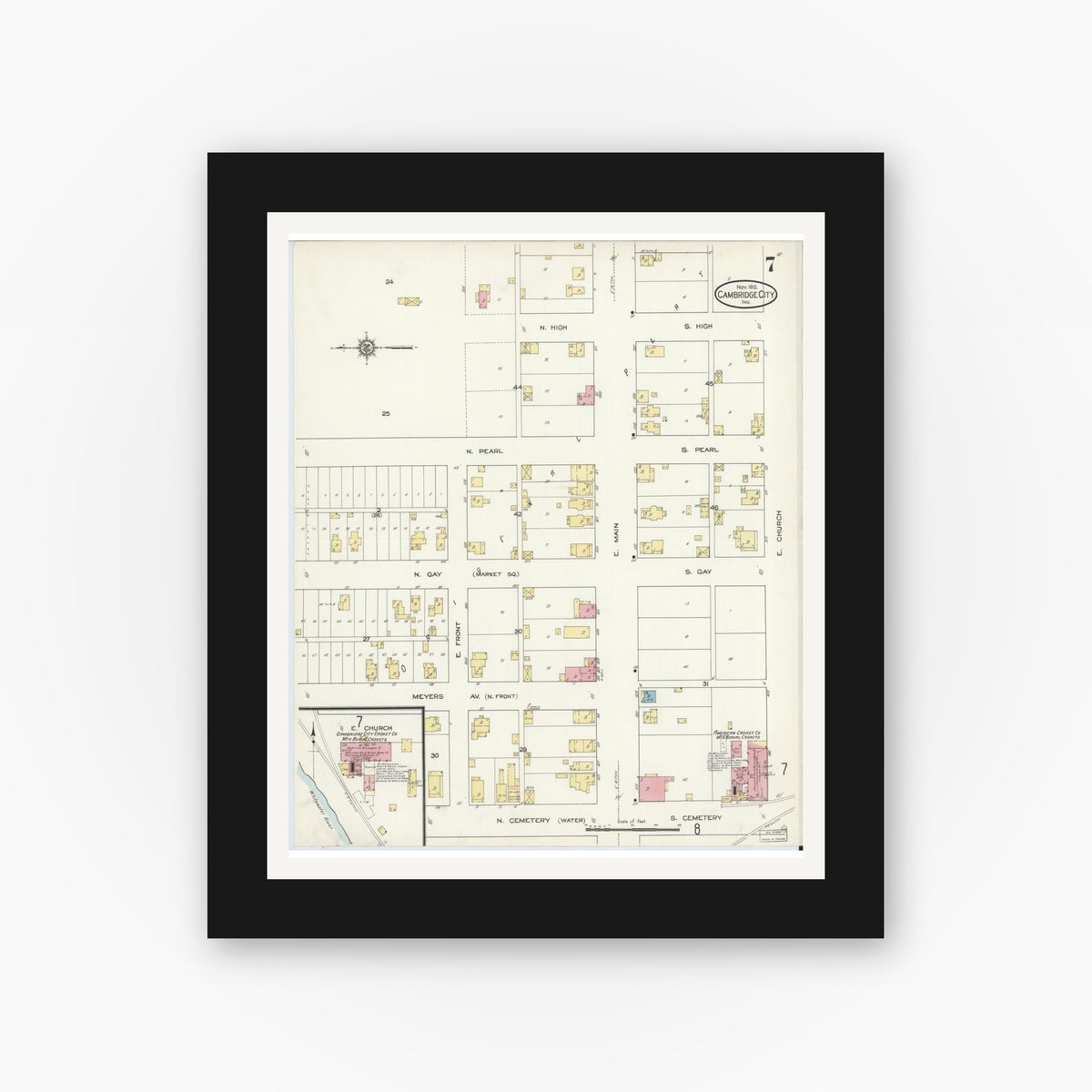 Old map wall art mockup — black gallery frame with white mat — Sanborn Fire Insurance Map from Cambridge City, Wayne County, Indiana (1913), Sheet #0007
