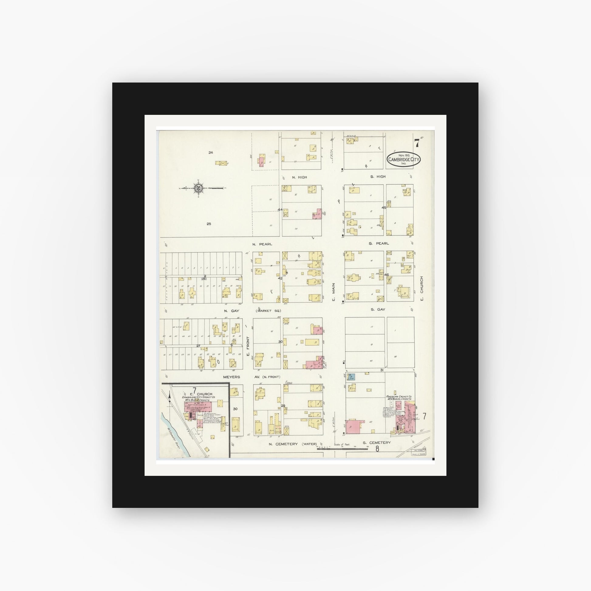 Old map wall art mockup — black gallery frame with white mat — Sanborn Fire Insurance Map from Cambridge City, Wayne County, Indiana (1913), Sheet #0007