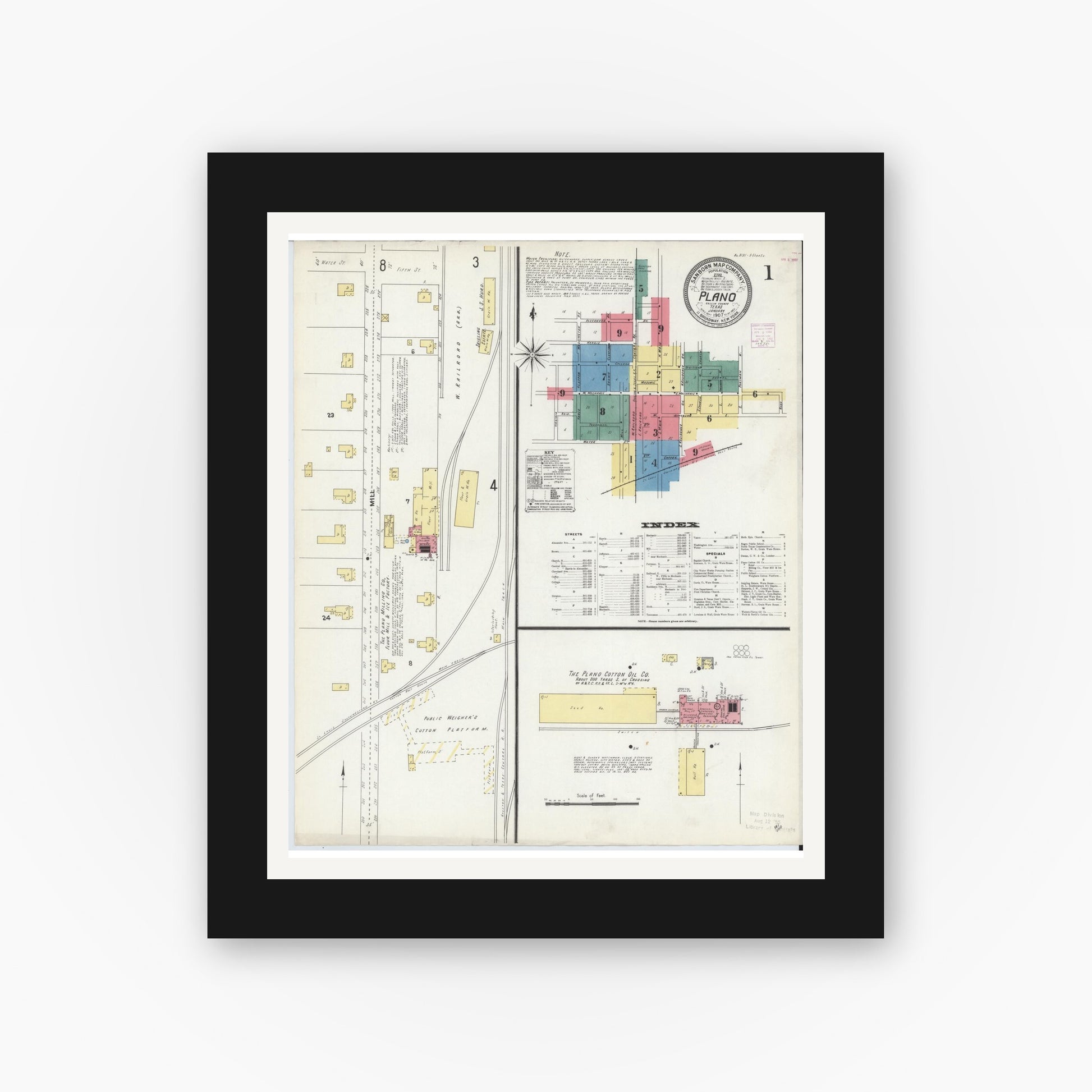 Old map wall art mockup — black gallery frame with white mat — Sanborn Fire Insurance Map from Plano, Collin County, Texas (1907), Sheet #0001