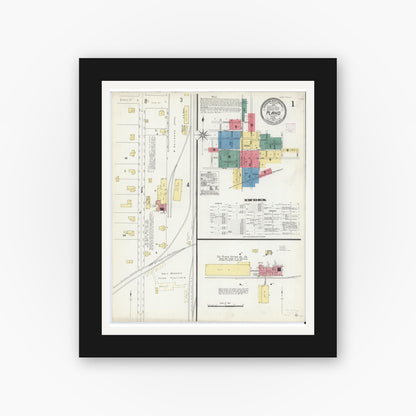 Old map wall art mockup — black gallery frame with white mat — Sanborn Fire Insurance Map from Plano, Collin County, Texas (1907), Sheet #0001