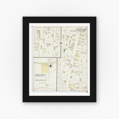 Old map wall art mockup — black gallery frame with white mat — Sanborn Fire Insurance Map from Lake Linden, Houghton County, Michigan (1888), Sheet #0004