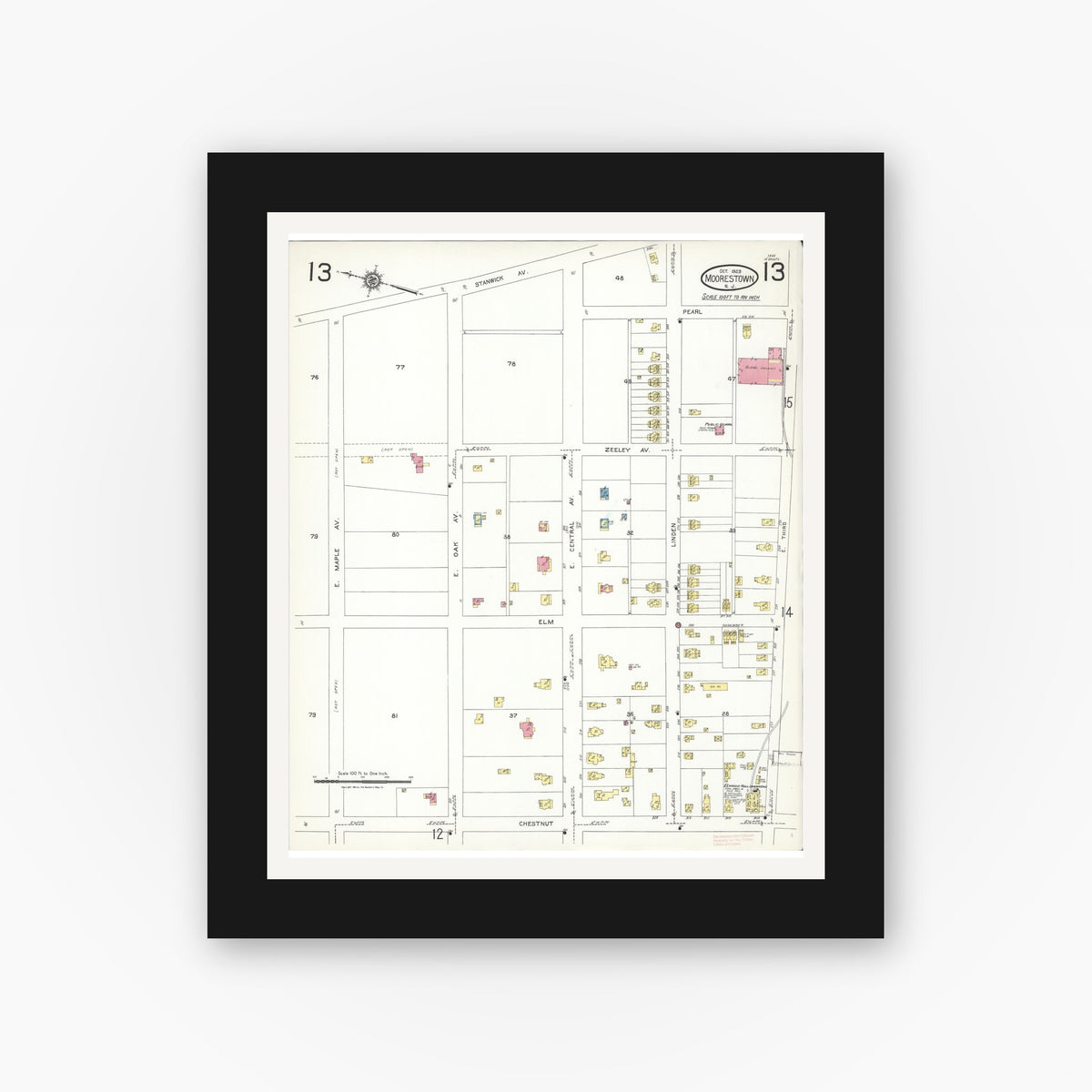 Old map wall art mockup — black gallery frame with white mat — Sanborn Fire Insurance Map from Moorestown, Burlington County, New Jersey (1923), Sheet #0013