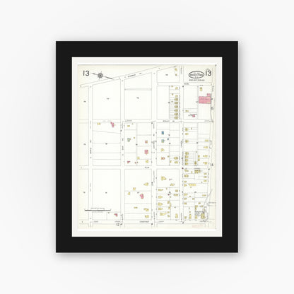Old map wall art mockup — black gallery frame with white mat — Sanborn Fire Insurance Map from Moorestown, Burlington County, New Jersey (1923), Sheet #0013