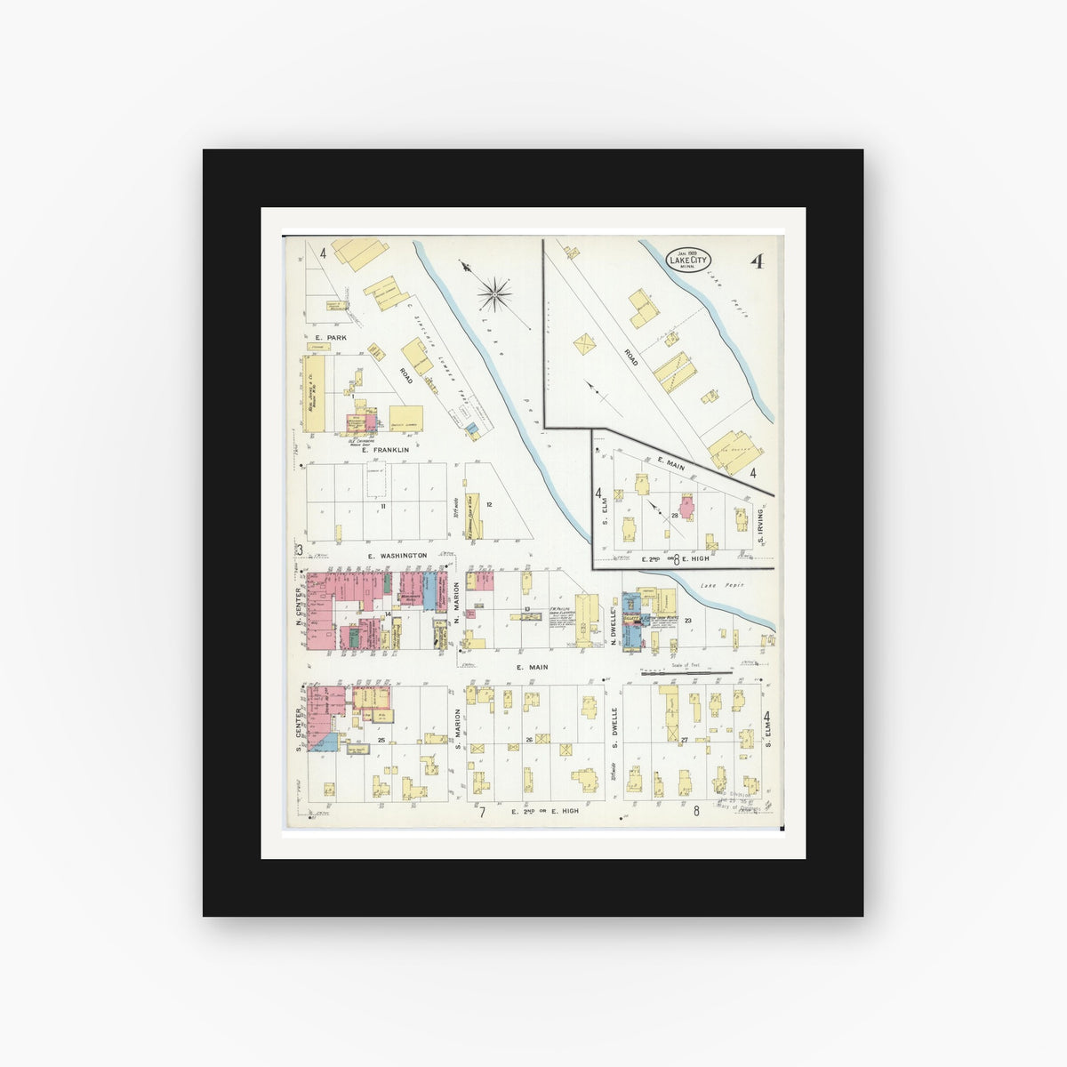 Old map wall art mockup — black gallery frame with white mat — Sanborn Fire Insurance Map from Lake City, Wabasha County, Minnesota (1909), Sheet #0004