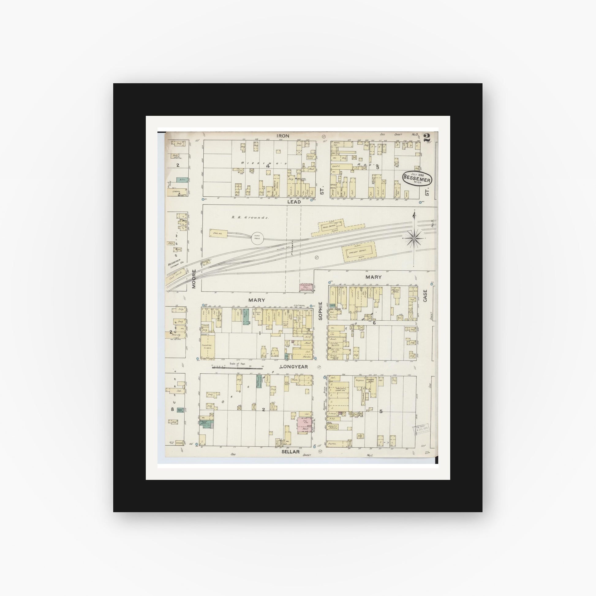 Old map wall art mockup — black gallery frame with white mat — Sanborn Fire Insurance Map from Bessemer, Gogebic County, Michigan (1888), Sheet #0002