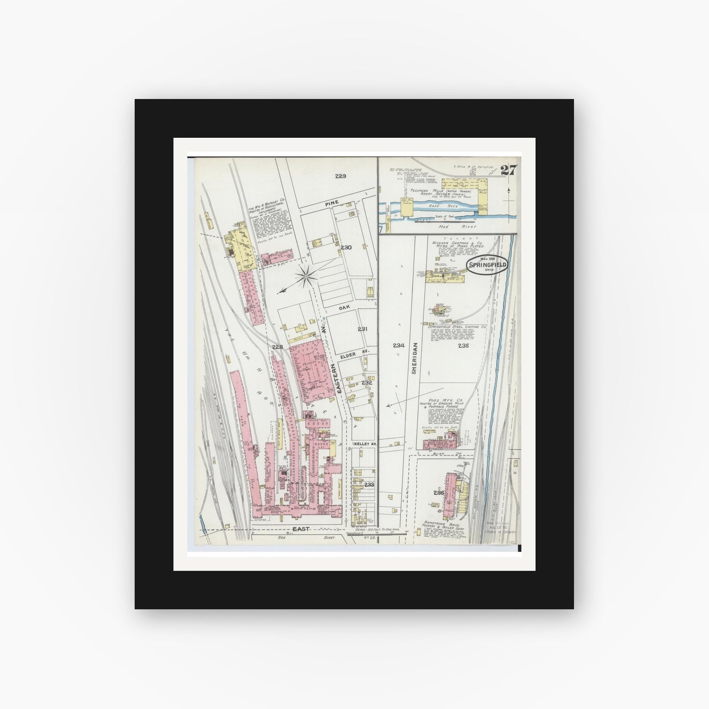 Old map wall art mockup — black gallery frame with white mat — Sanborn Fire Insurance Map from Springfield, Clark County, Ohio (1891), Sheet #0027
