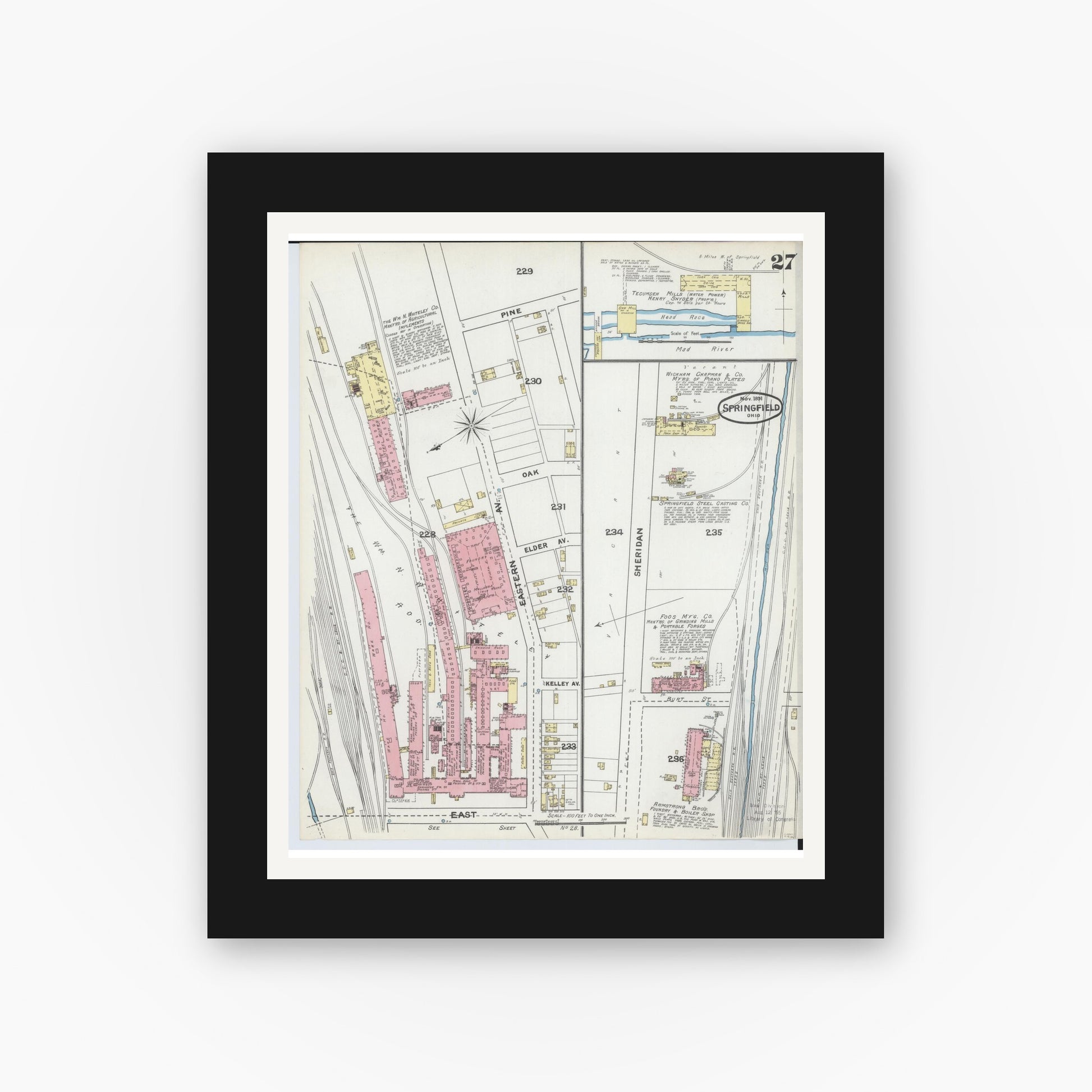 Old map wall art mockup — black gallery frame with white mat — Sanborn Fire Insurance Map from Springfield, Clark County, Ohio (1891), Sheet #0027