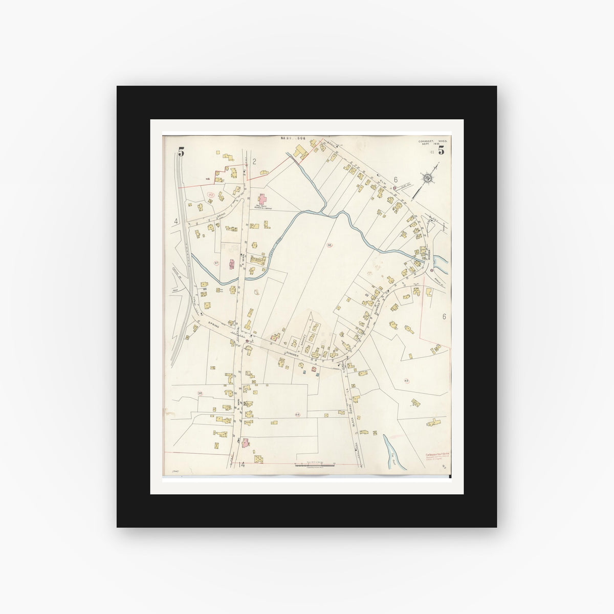 Old map wall art mockup — black gallery frame with white mat — Sanborn Fire Insurance Map from Cohasset, Norfolk County, Massachusetts (1940), Sheet #0005