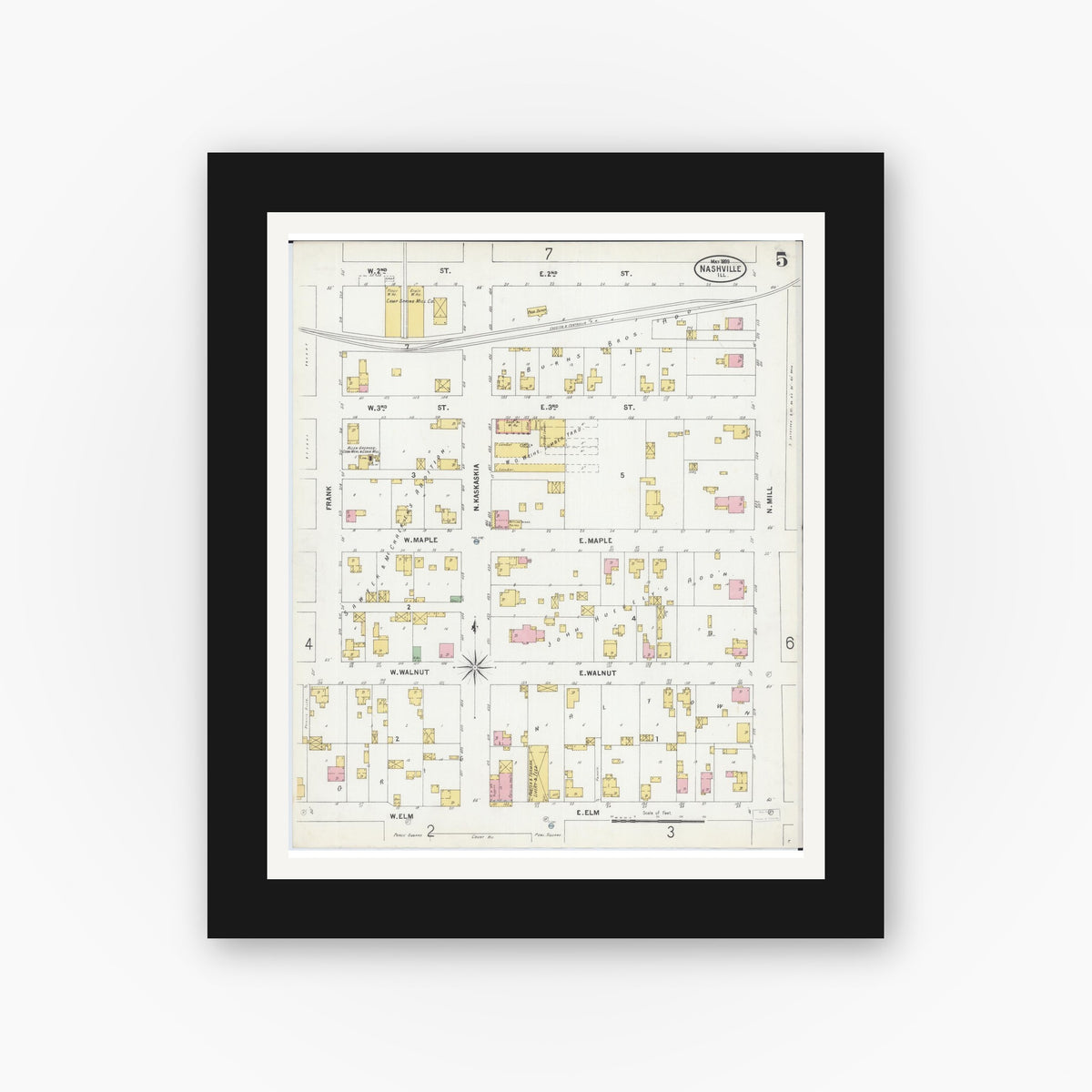Old map wall art mockup — black gallery frame with white mat — Sanborn Fire Insurance Map from Nashville, Washington County, Illinois (1899), Sheet #0005