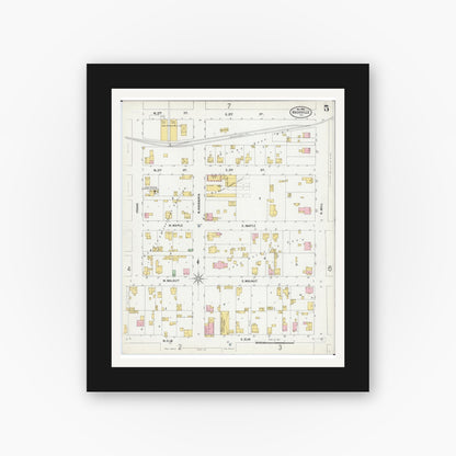 Old map wall art mockup — black gallery frame with white mat — Sanborn Fire Insurance Map from Nashville, Washington County, Illinois (1899), Sheet #0005