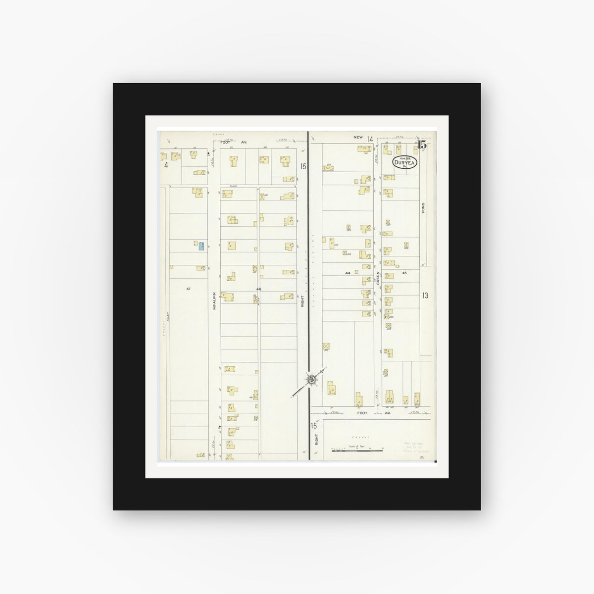 Old map wall art mockup — black gallery frame with white mat — Sanborn Fire Insurance Map from Duryea, Luzerne County, Pennsylvania (1914), Sheet #0015