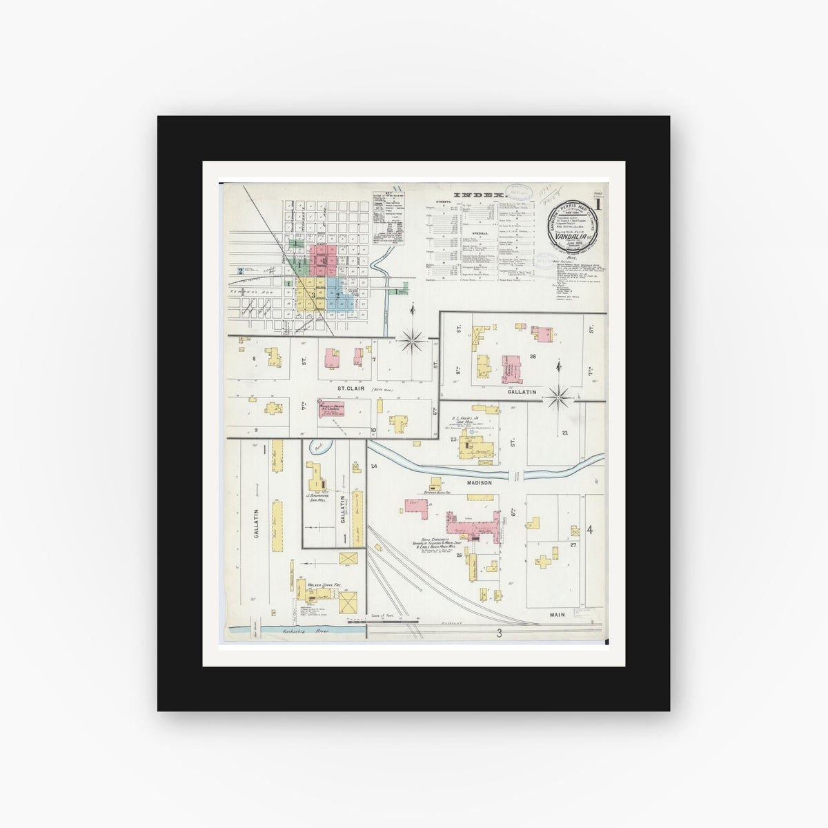 Old map wall art mockup — black gallery frame with white mat — Sanborn Fire Insurance Map from Vandalia, Fayette County, Illinois (1898) - Complete Map Set