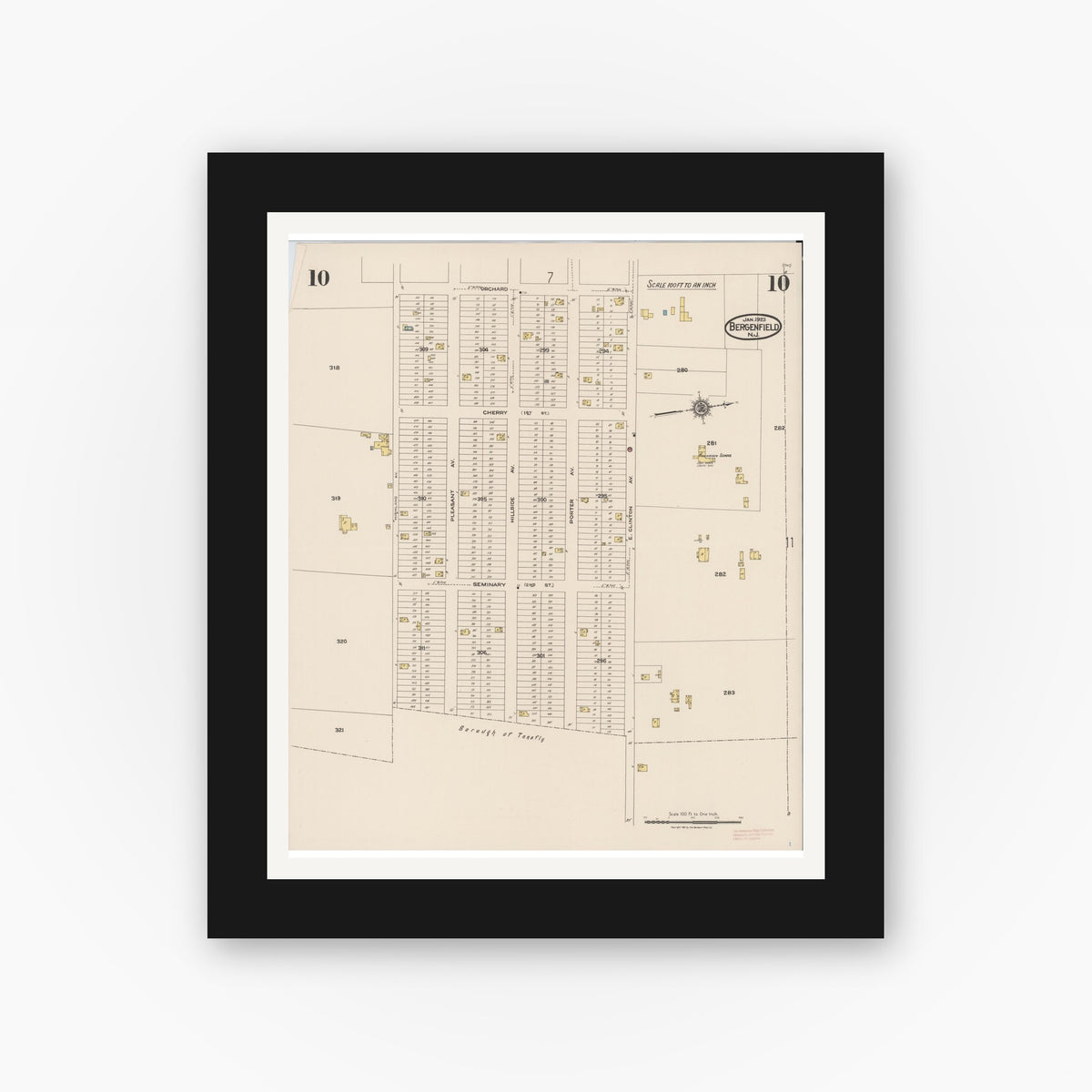 Old map wall art mockup — black gallery frame with white mat — Sanborn Fire Insurance Map from Bergenfield, Bergen County, New Jersey (1923), Sheet #0010
