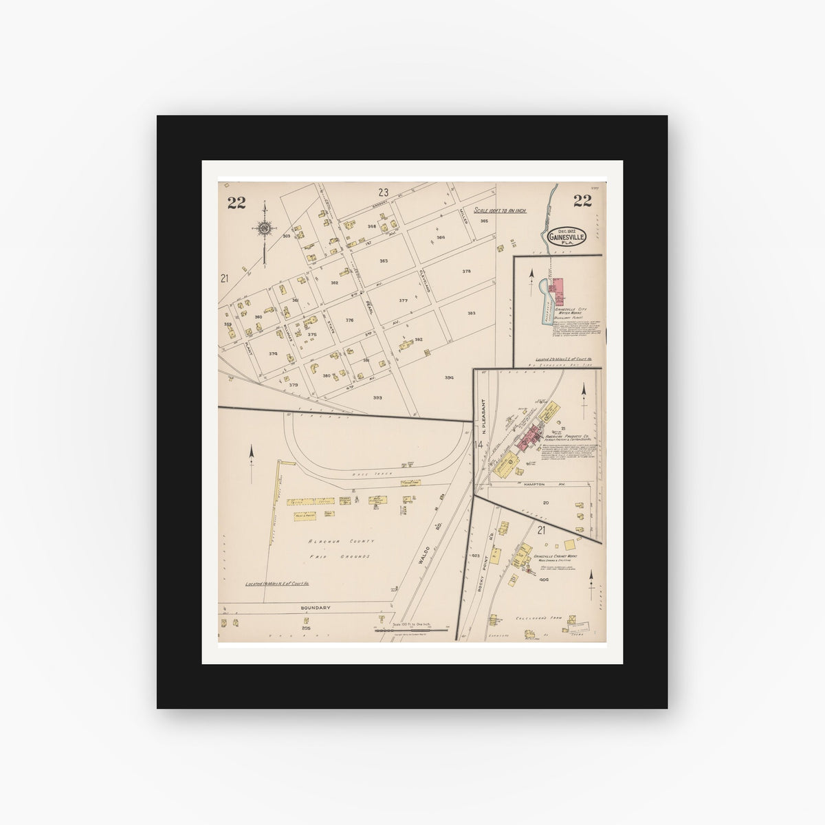 Old map wall art mockup — black gallery frame with white mat — Sanborn Fire Insurance Map from Gainesville, Alachua County, Florida (1922), Sheet #0022
