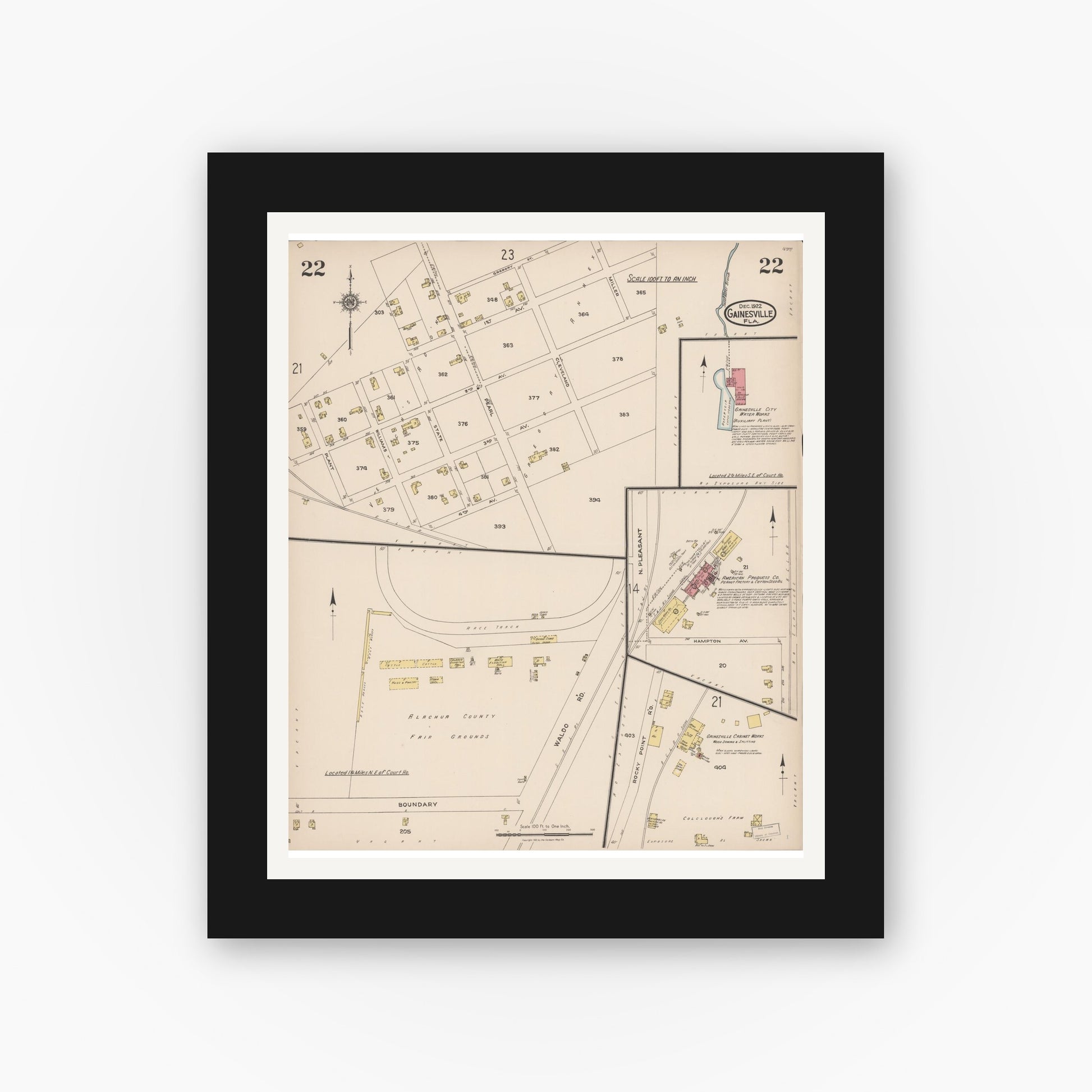 Old map wall art mockup — black gallery frame with white mat — Sanborn Fire Insurance Map from Gainesville, Alachua County, Florida (1922), Sheet #0022