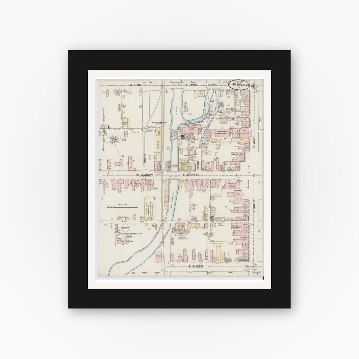 Old map wall art mockup — black gallery frame with white mat — Sanborn Fire Insurance Map from Chambersburg, Franklin County, Pennsylvania (1887), Sheet #0004