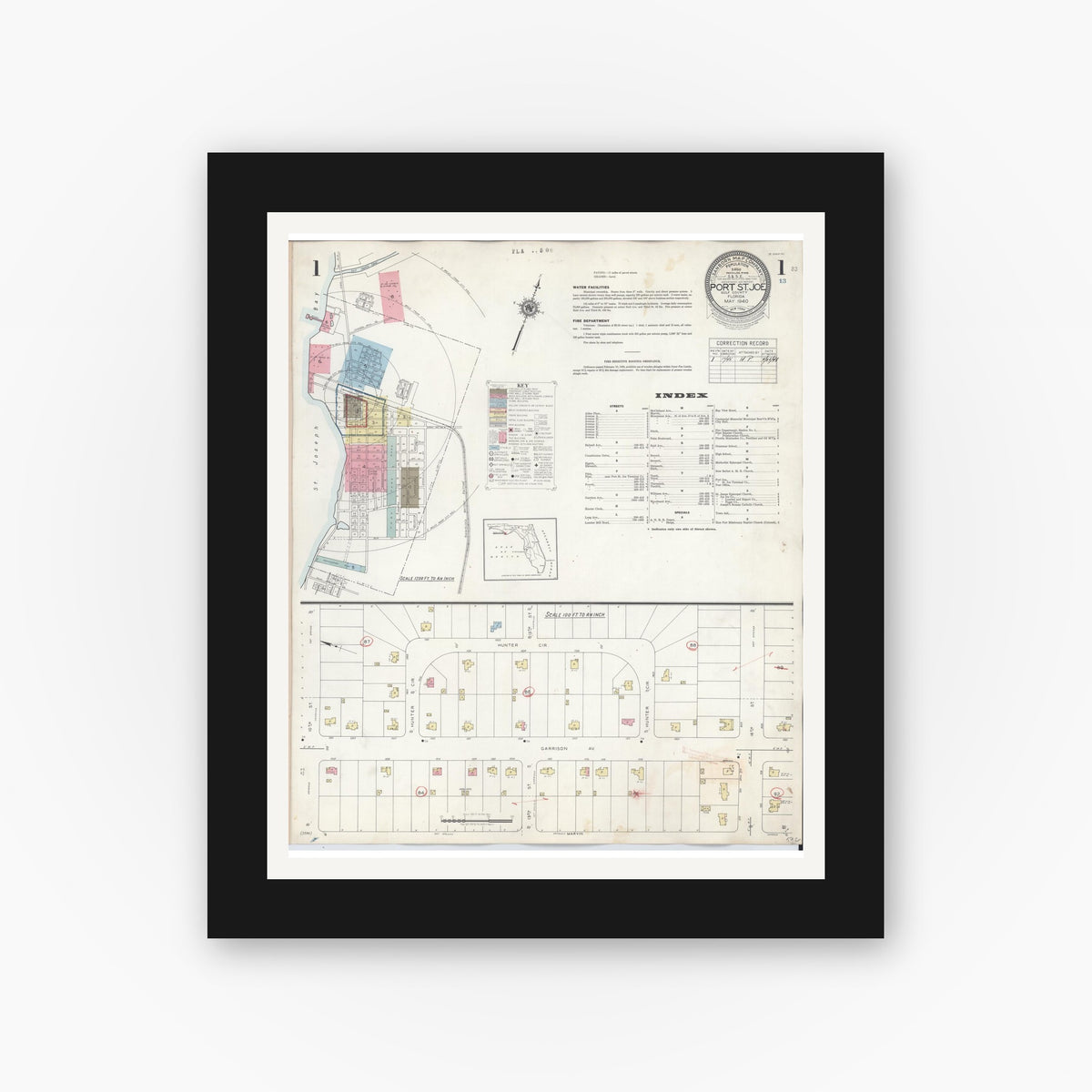 Old map wall art mockup — black gallery frame with white mat — Sanborn Fire Insurance Map from Port Saint Joe, Gulf County, Florida (1945) - Complete Map Set
