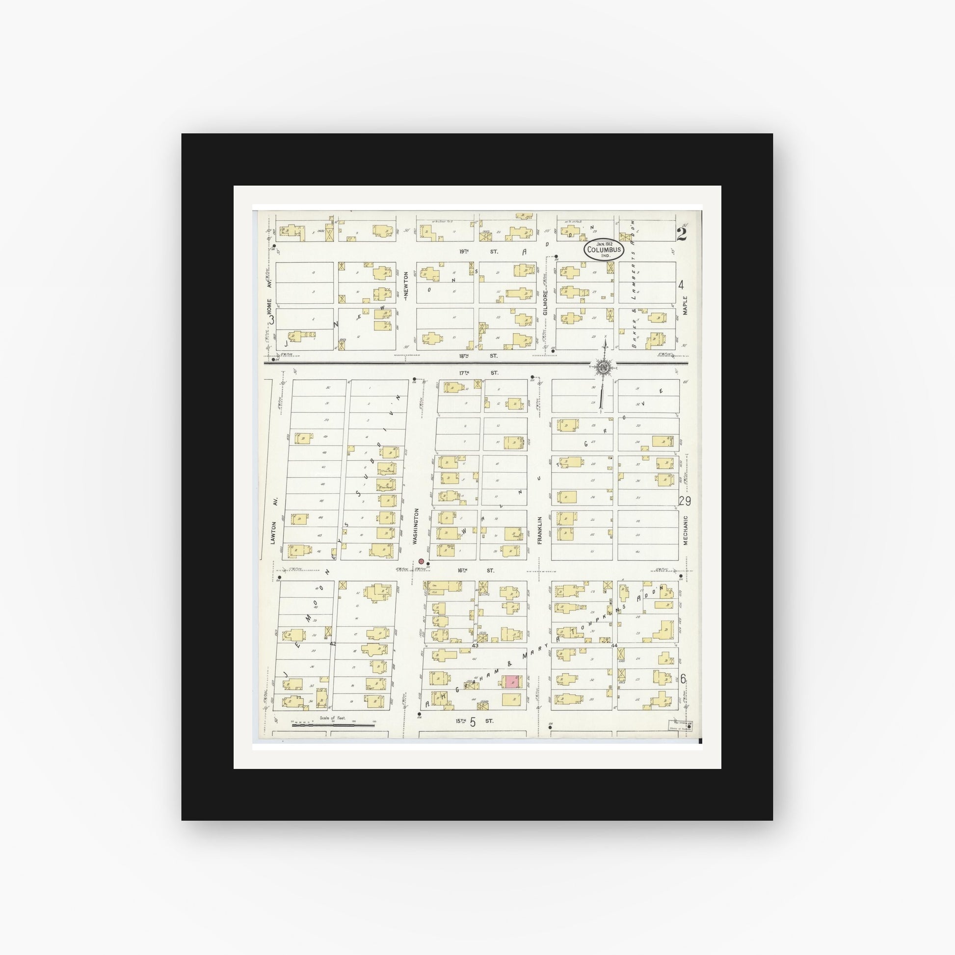 Old map wall art mockup — black gallery frame with white mat — Sanborn Fire Insurance Map from Columbus, Bartholomew County, Indiana (1912), Sheet #0002