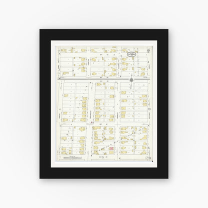 Old map wall art mockup — black gallery frame with white mat — Sanborn Fire Insurance Map from Columbus, Bartholomew County, Indiana (1912), Sheet #0002