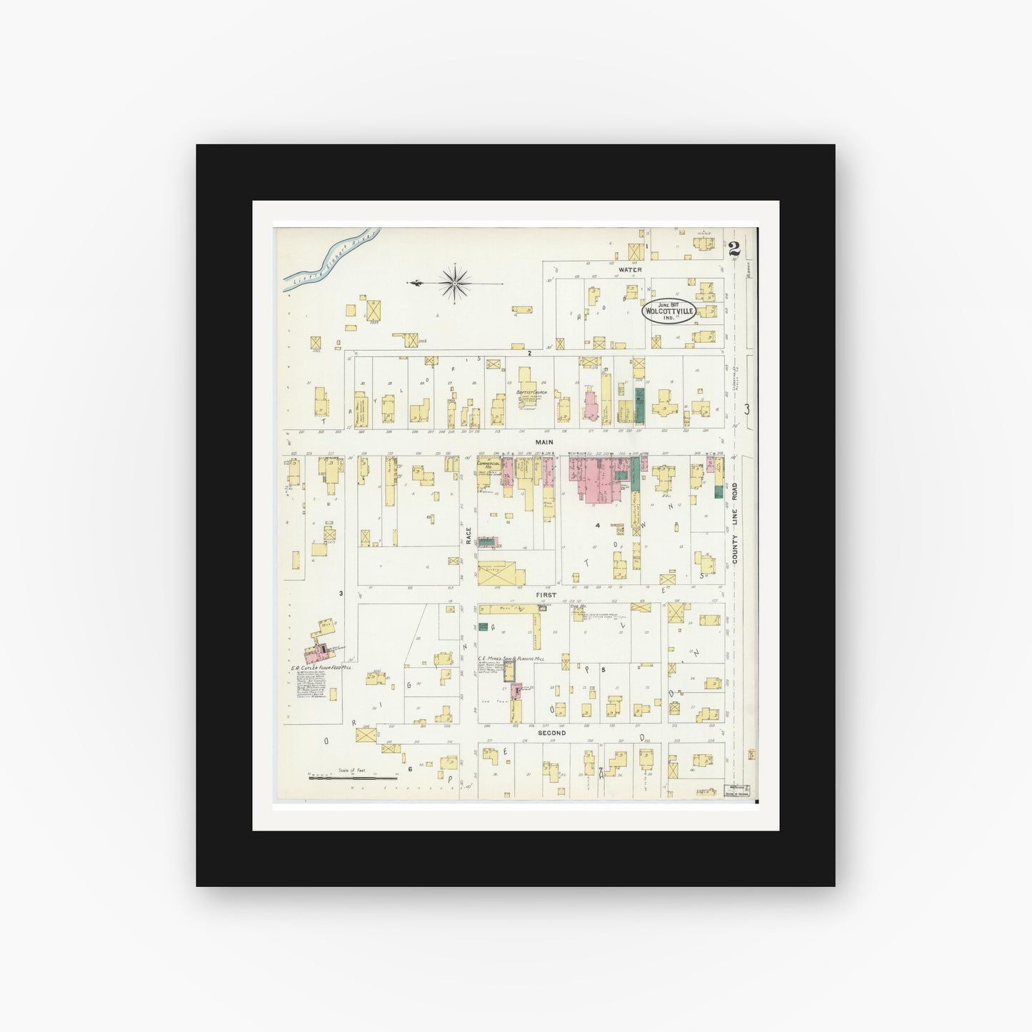 Old map wall art mockup — black gallery frame with white mat — Sanborn Fire Insurance Map from Wolcottville, Noble And LaGrange Counties, Indiana (1907), Sheet #0002