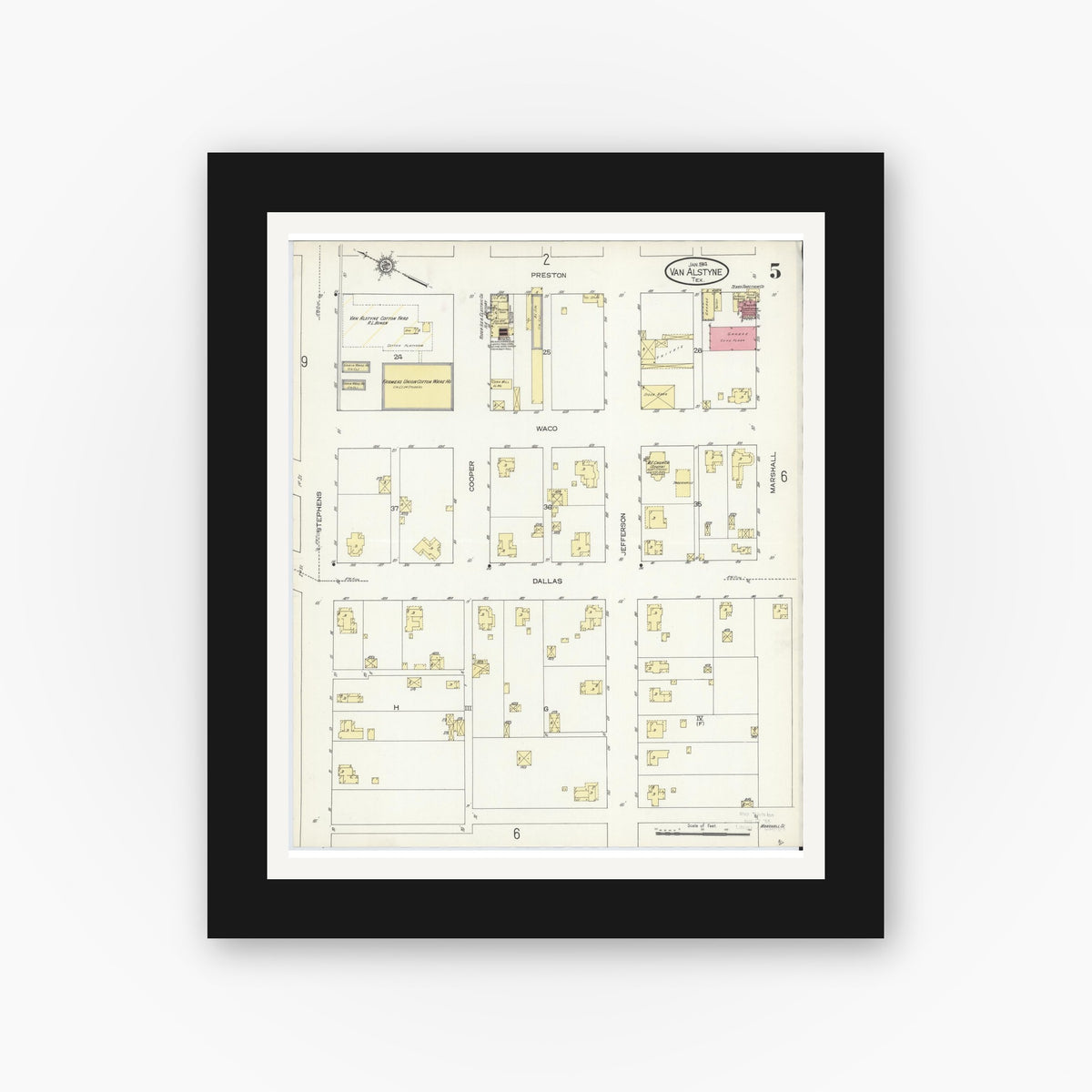 Old map wall art mockup — black gallery frame with white mat — Sanborn Fire Insurance Map from Van Alstyne, Grayson County, Texas (1914), Sheet #0005