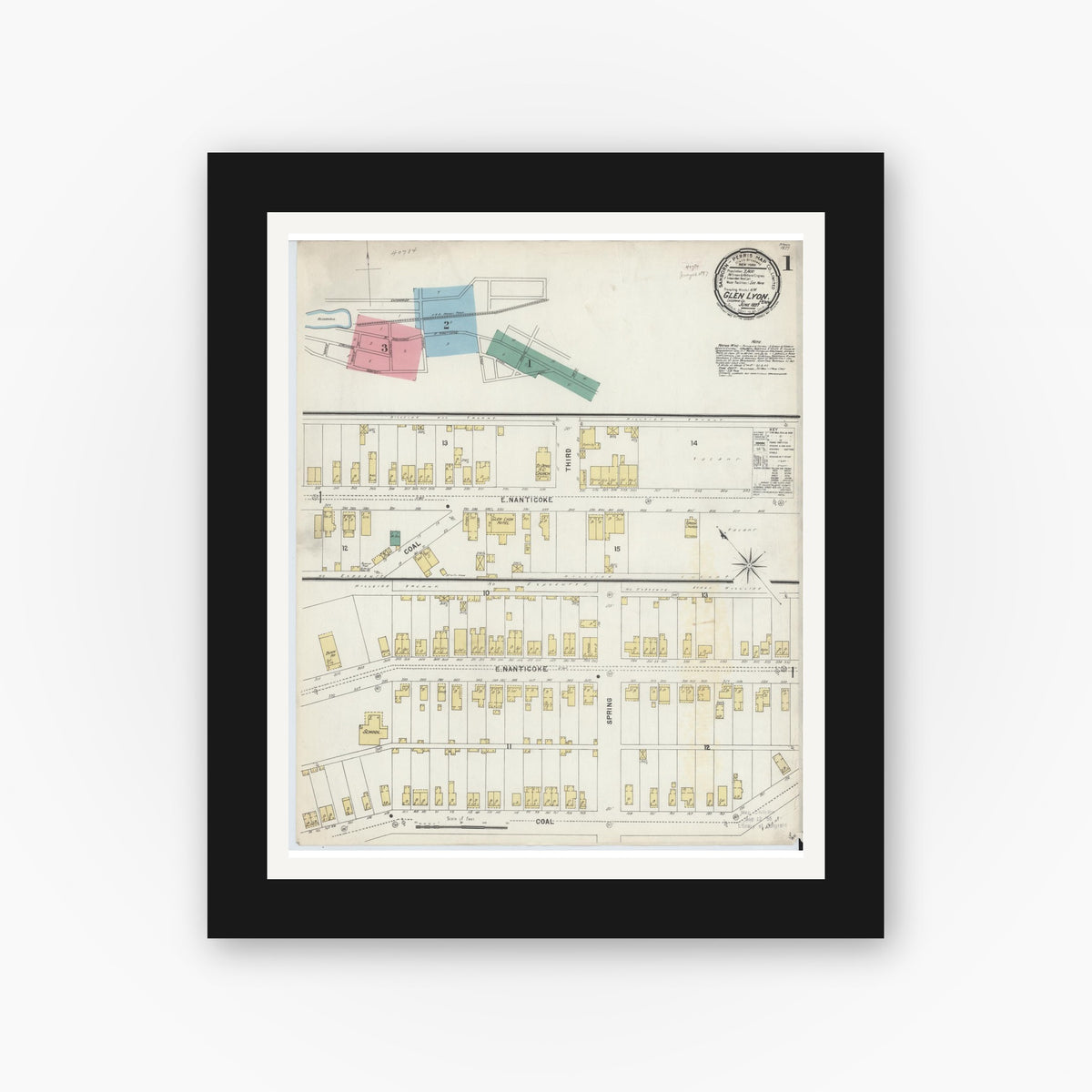 Old map wall art mockup — black gallery frame with white mat — Sanborn Fire Insurance Map from Glen Lyon, Luzerne County, Pennsylvania (1897) - Complete Map Set