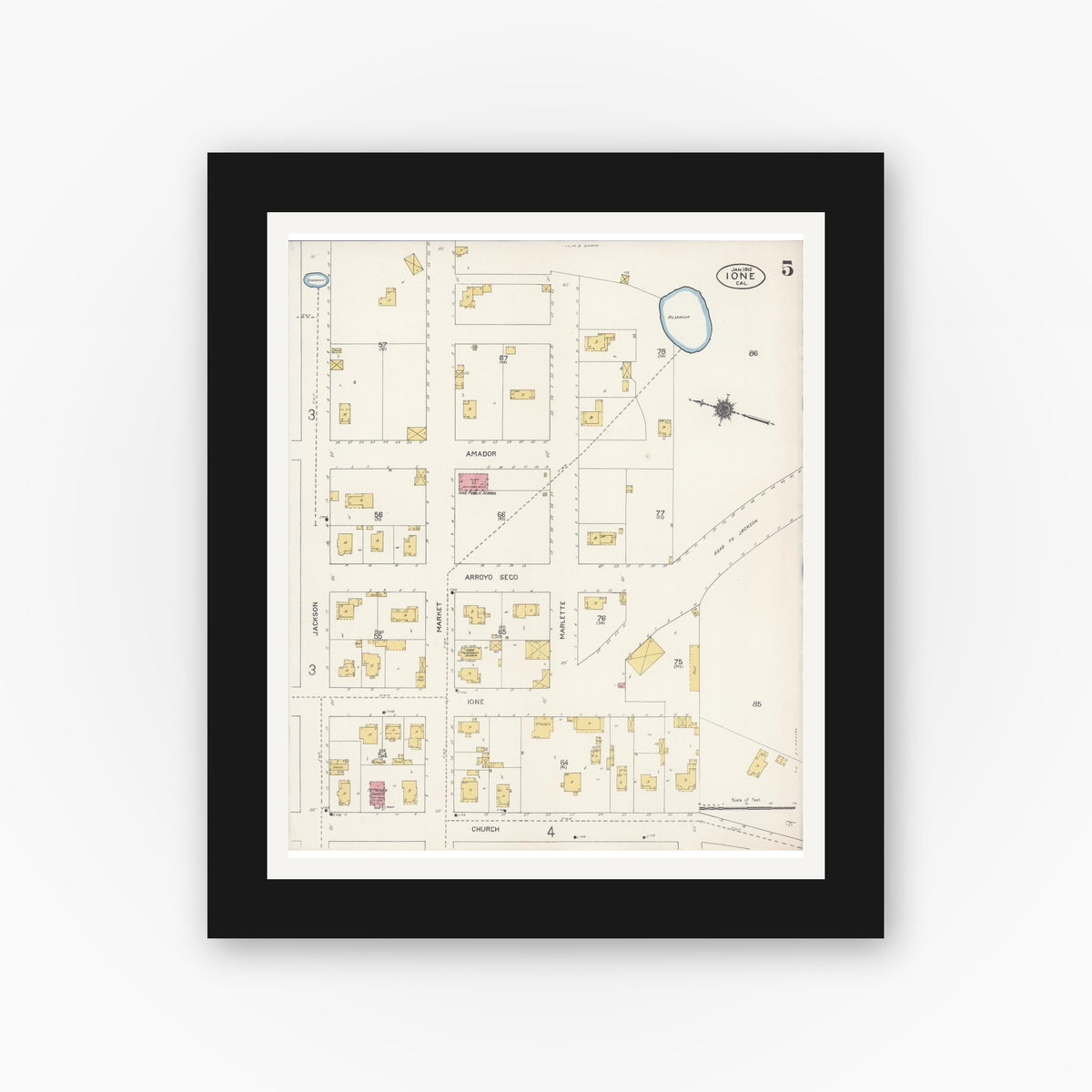 Old map wall art mockup — black gallery frame with white mat — Sanborn Fire Insurance Map from Ione, Amador County, California (1912), Sheet #0005
