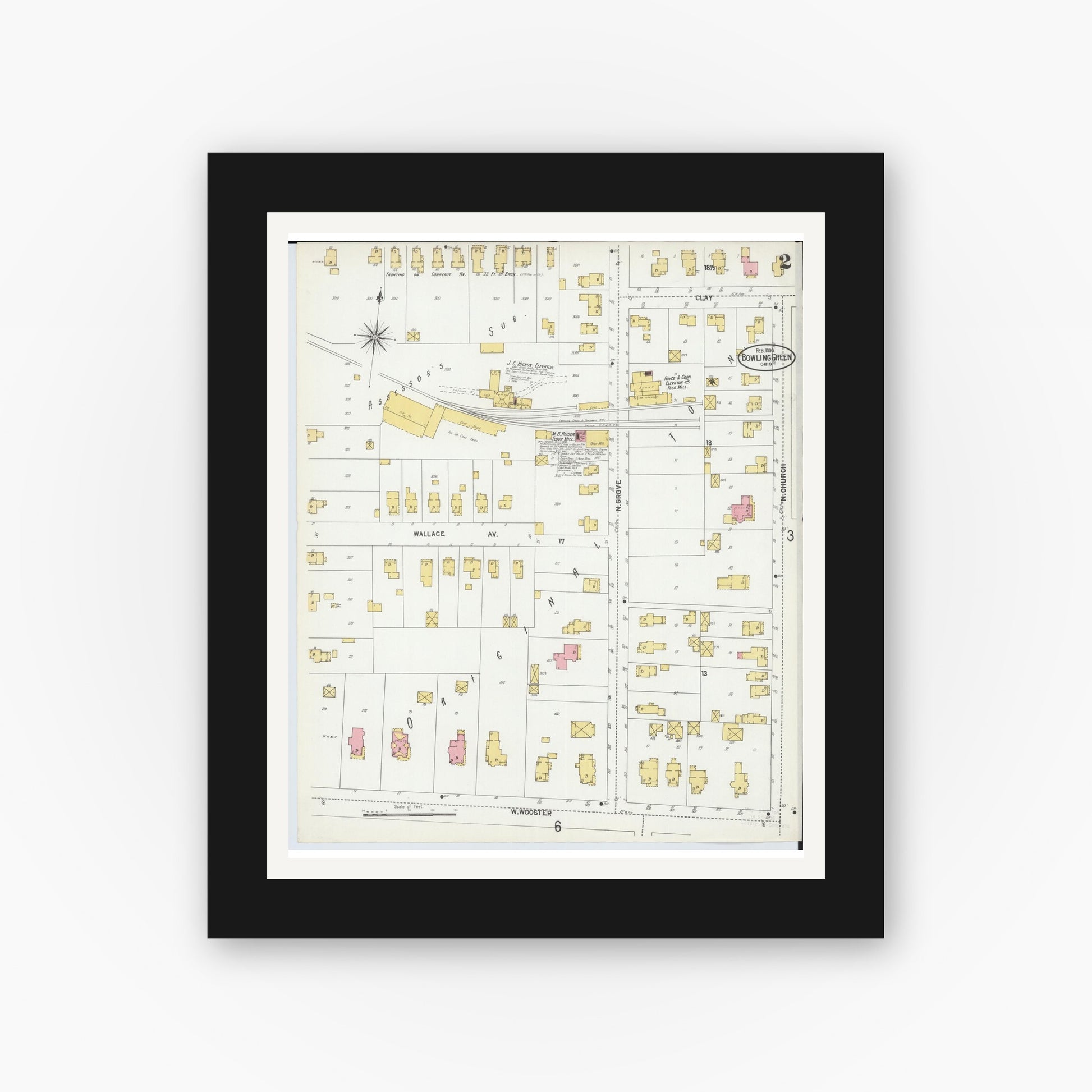 Old map wall art mockup — black gallery frame with white mat — Sanborn Fire Insurance Map from Bowling Green, Wood County, Ohio (1900), Sheet #0002
