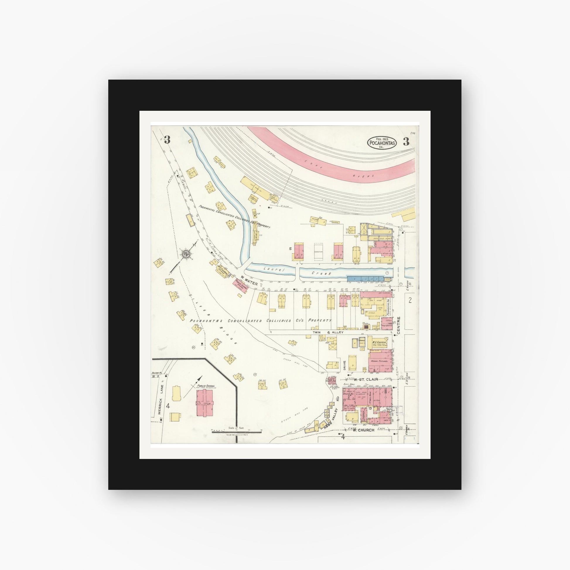 Old map wall art mockup — black gallery frame with white mat — Sanborn Fire Insurance Map from Pocahontas, Tazewell County, Virginia (1923), Sheet #0003