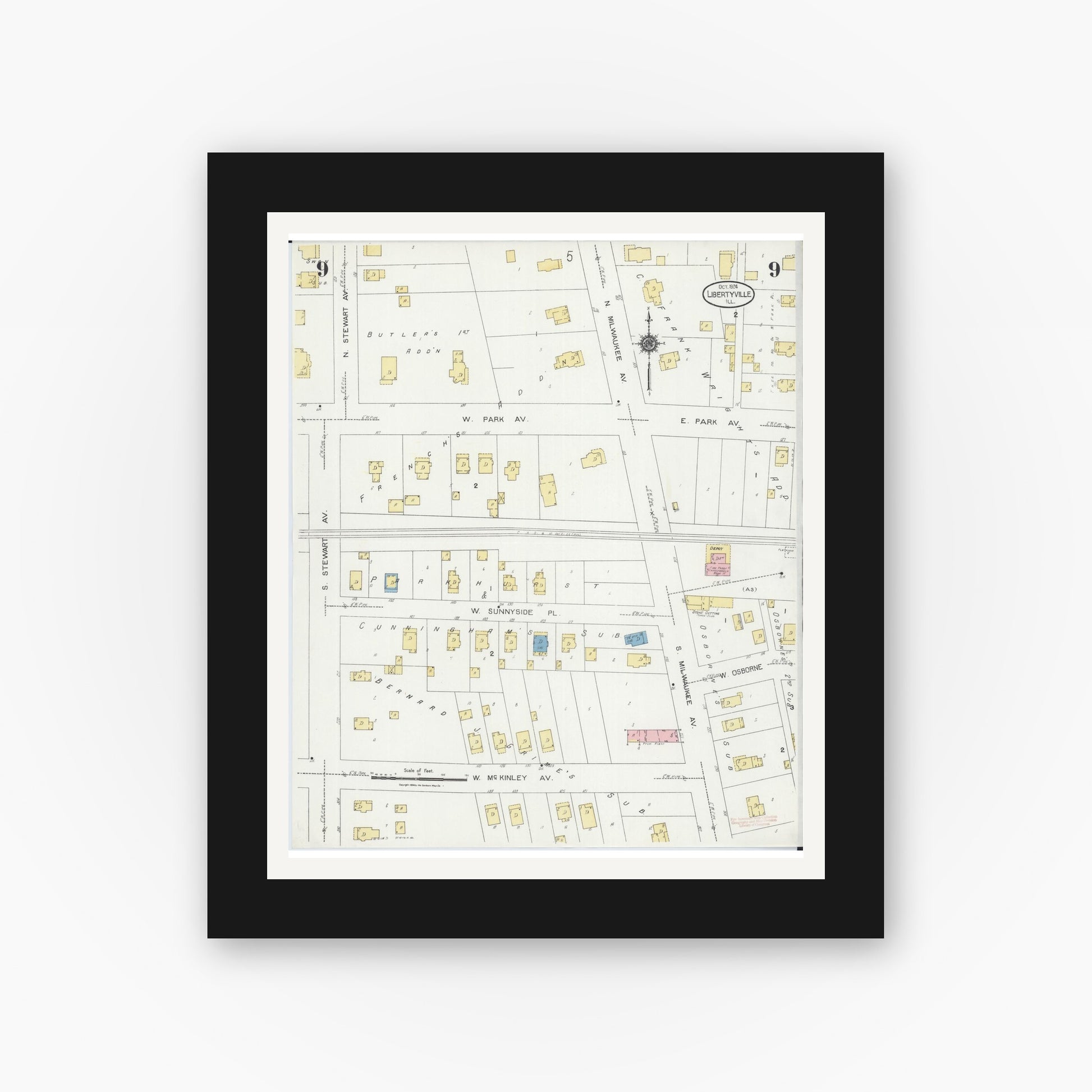 Old map wall art mockup — black gallery frame with white mat — Sanborn Fire Insurance Map from Libertyville, Lake County, Illinois (1924), Sheet #0009