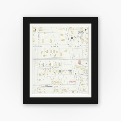 Old map wall art mockup — black gallery frame with white mat — Sanborn Fire Insurance Map from Libertyville, Lake County, Illinois (1924), Sheet #0009